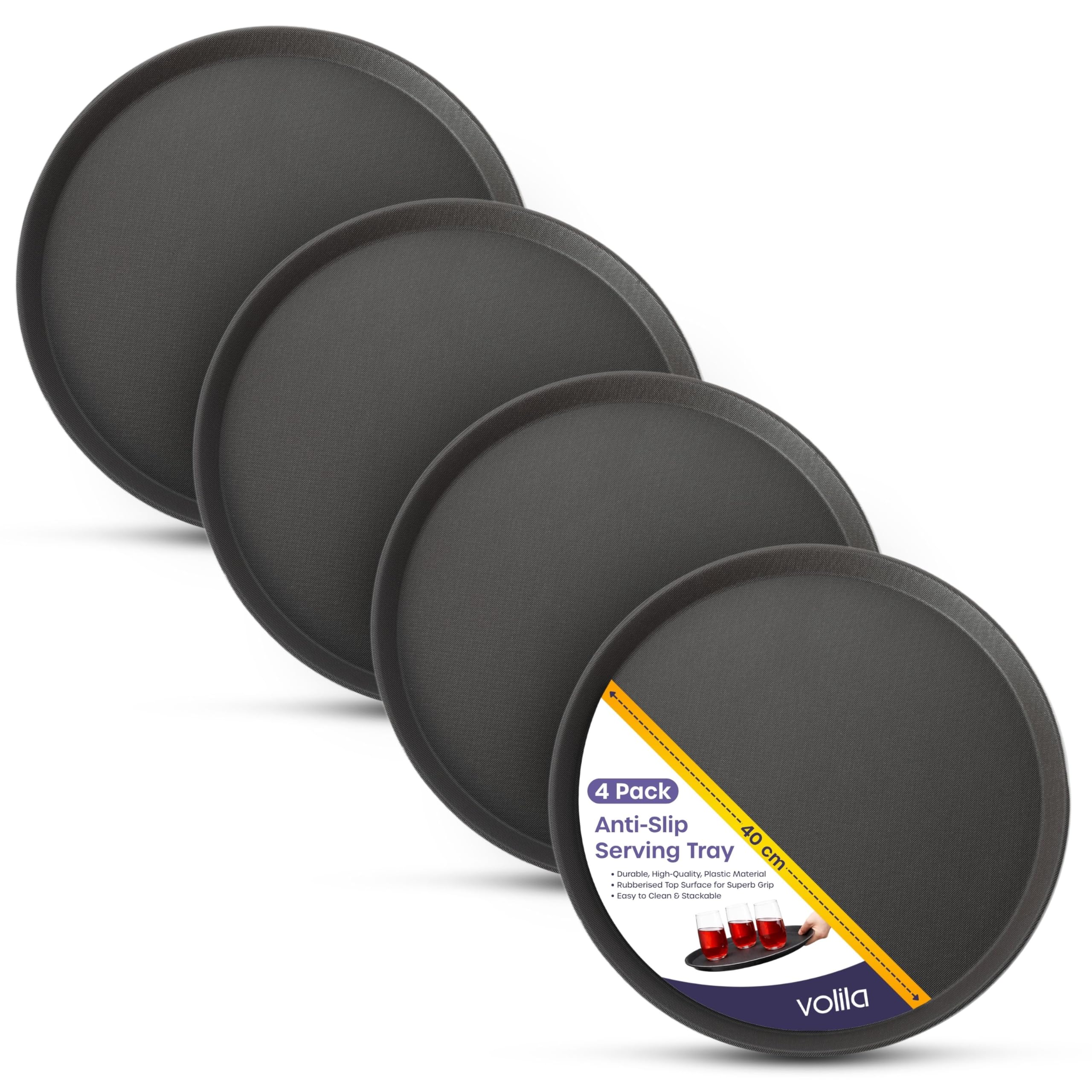 Volila Black 40Cm Tray - 4 Pack Black Round Tray - 40Cm (4 Pack) Rubberized Round Trays For Food Serving And Drinks - Dishwasher Safe Non Slip Tray For Parties, Gatherings, Bars, Restaurants, And Home Use
