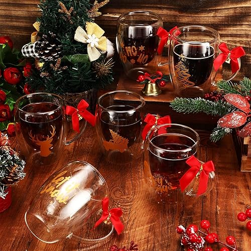 Miniatura 6 de 6 tazas de café de cristal de Navidad de 12 onzas, taza de vidrio de doble pared con asa, taza de Navidad aislada con anillo de copo de nieve, arco