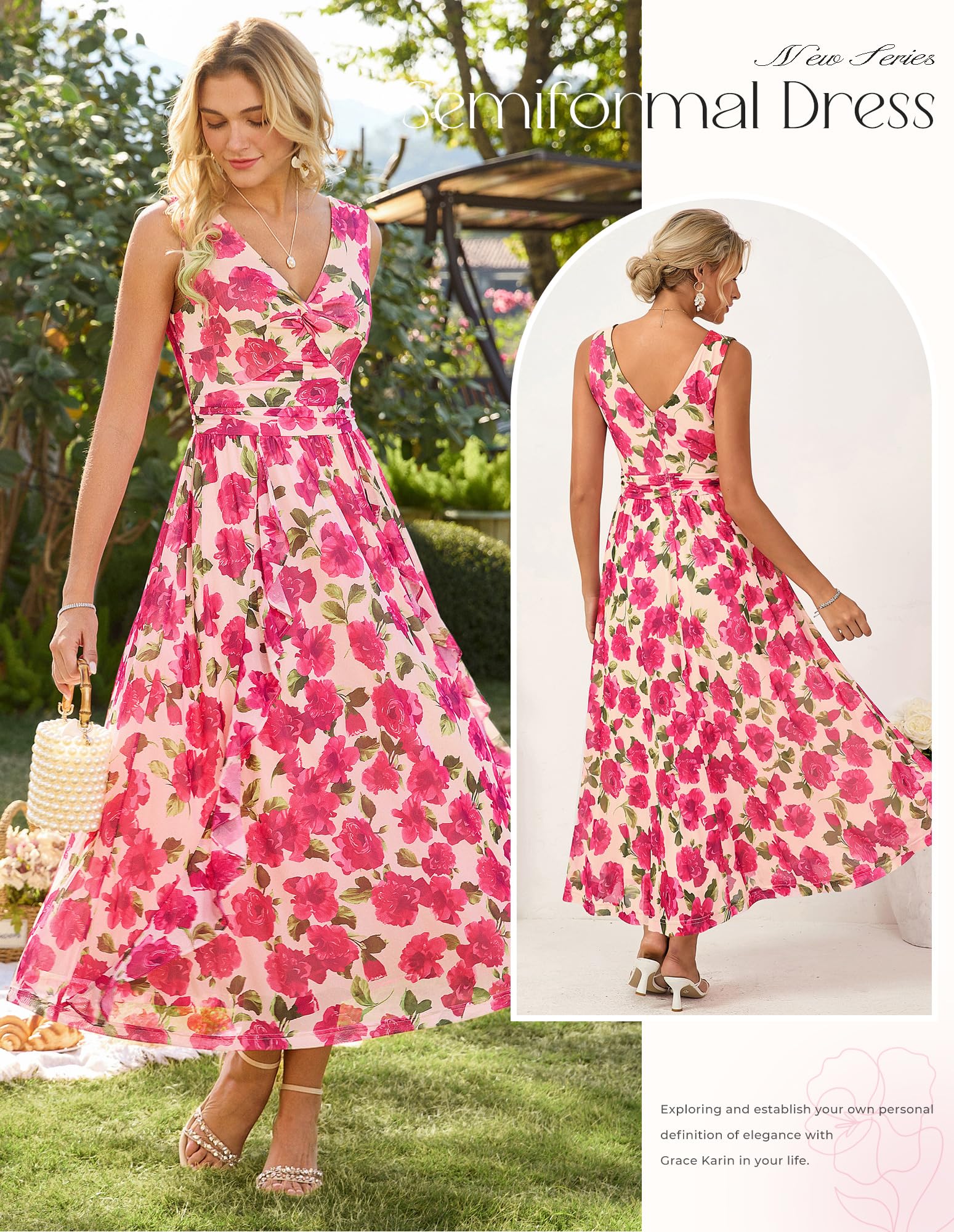 GRACE KARIN Robe d'été décontractée pour femme - Col en V - Sans manches - Fleurs avec volants - Pour invités de mariage - Ligne A