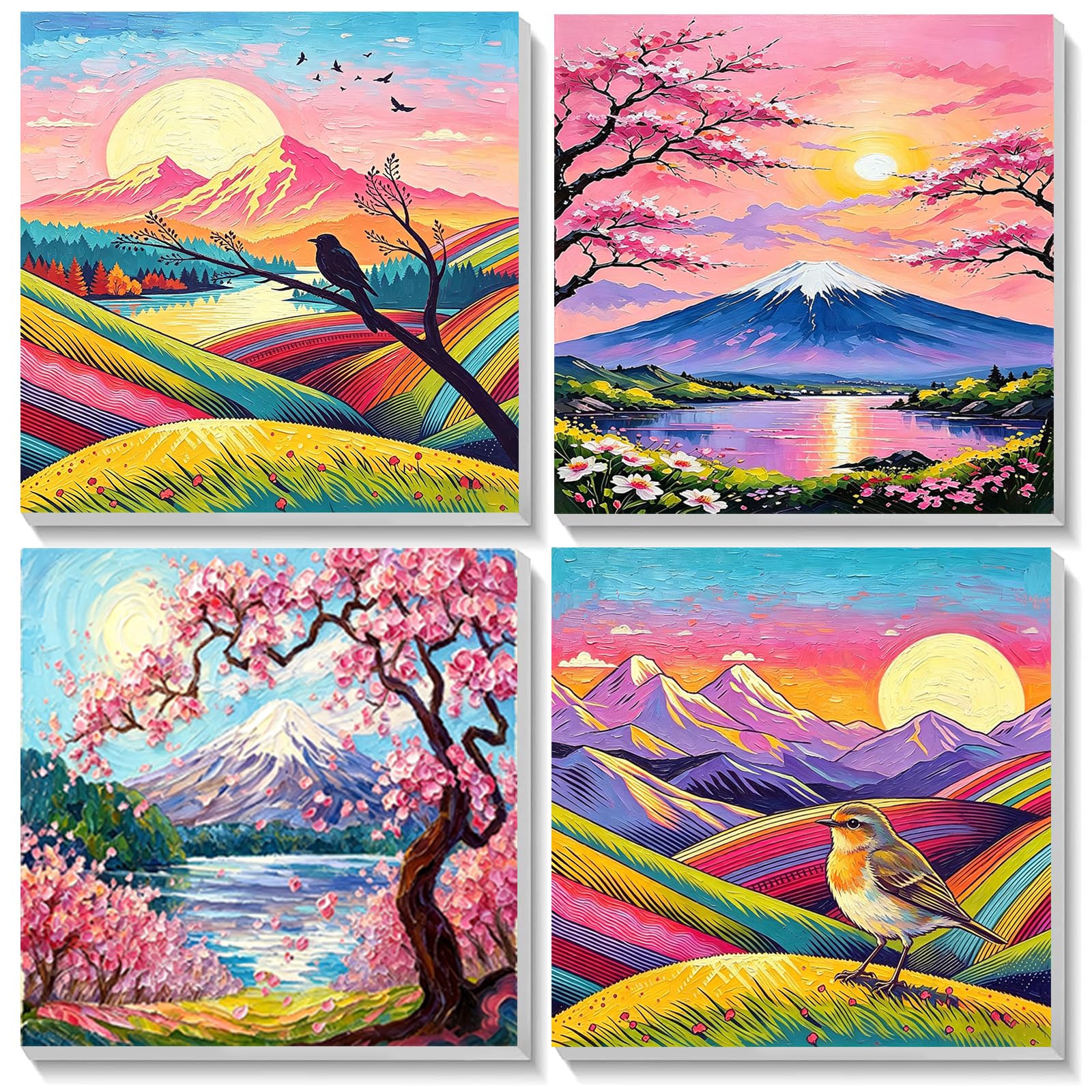 Bowetile 4 Pack Flowers Paint by Numbers for Adults Children,Landscape Painting by Numbers Kit for Adults, Beginners Canvas Kits, DIY Acrylic Pigment Drawing Paintwork for Home Decor 20x20 cm