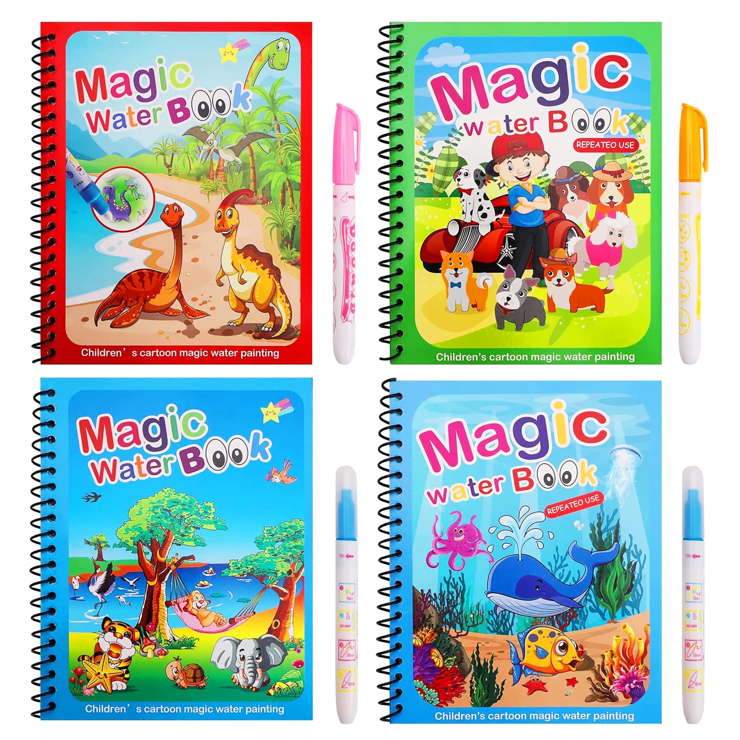 Water Marker Magic Book for Kids, 4 Different Theme Magic Books, Educational, Promote Fine Motor & Drawing Skills, Reusable, Mess-Free Art with Quick Dry Technology