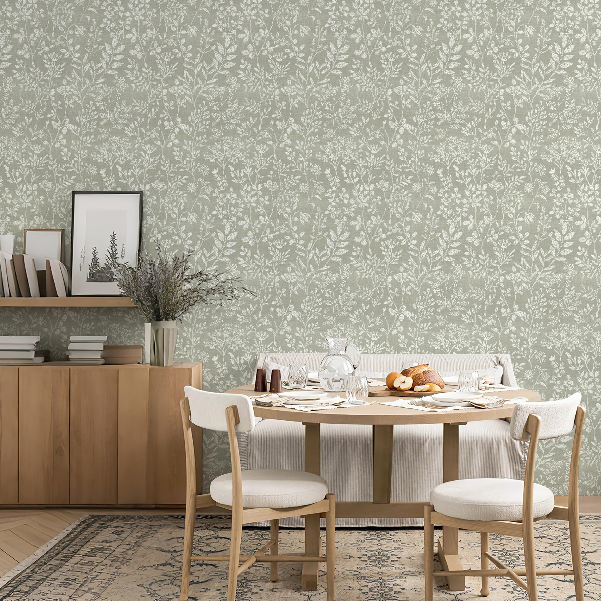 Timeet Self Adhesive Wallpaper Sage Green Peel and Stick Wallpaper Leaf Floral Stick on Vinyl Wrap 44cm x 3m Waterproof Contact Paper for Bedroom Living Room Kitchen Cabinet Furniture Sticker