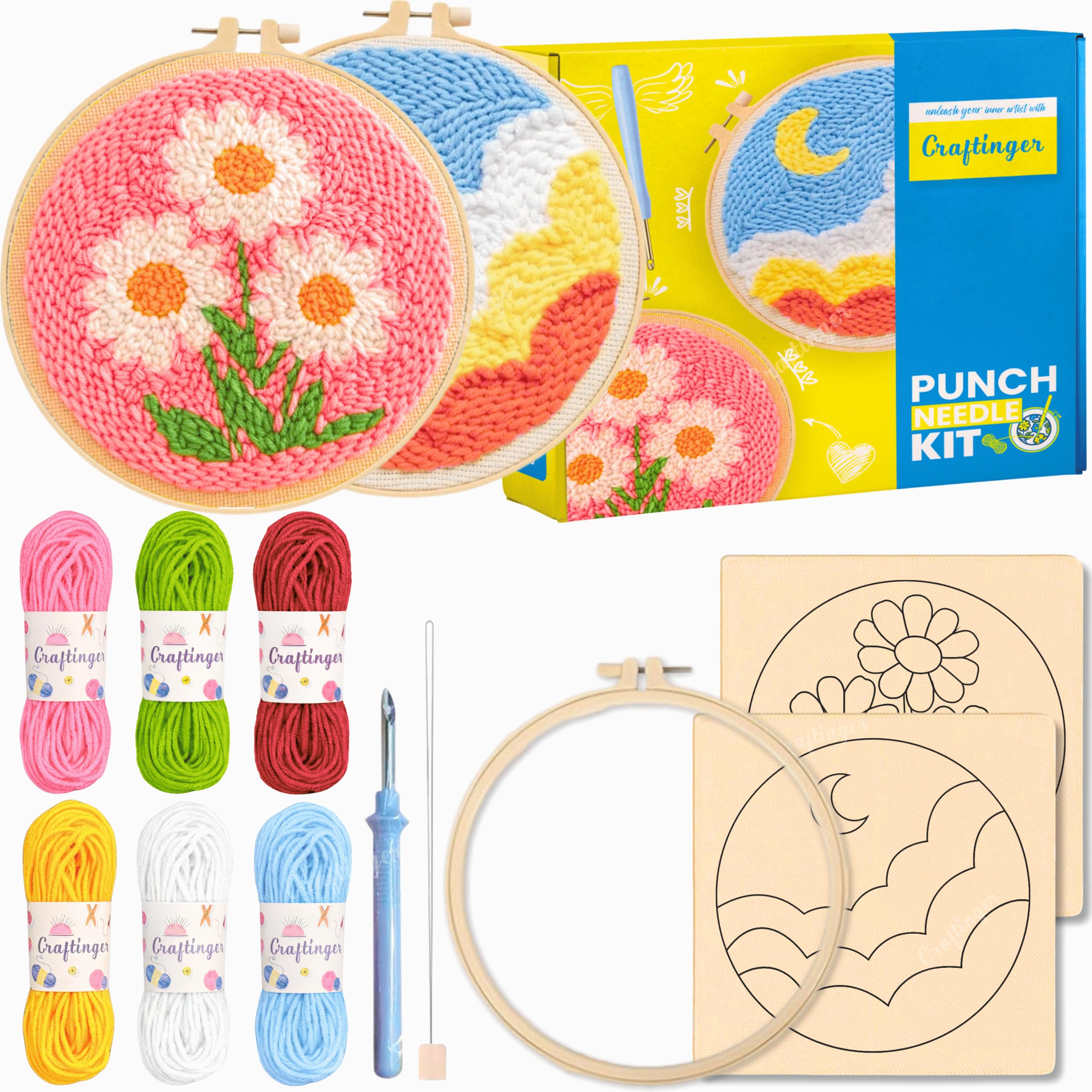 Craftinger Punch Needle Embroidery Kit for Beginners | DIY Landscap and Flower Punch Needle Art Set with 8 Inch Hoop, Pre-Marked Fabric (20x20cm), 6 Colour 10-Ply Yarn, Punch Needle & Threader | Craft Kit for Kids & Adults-image-26