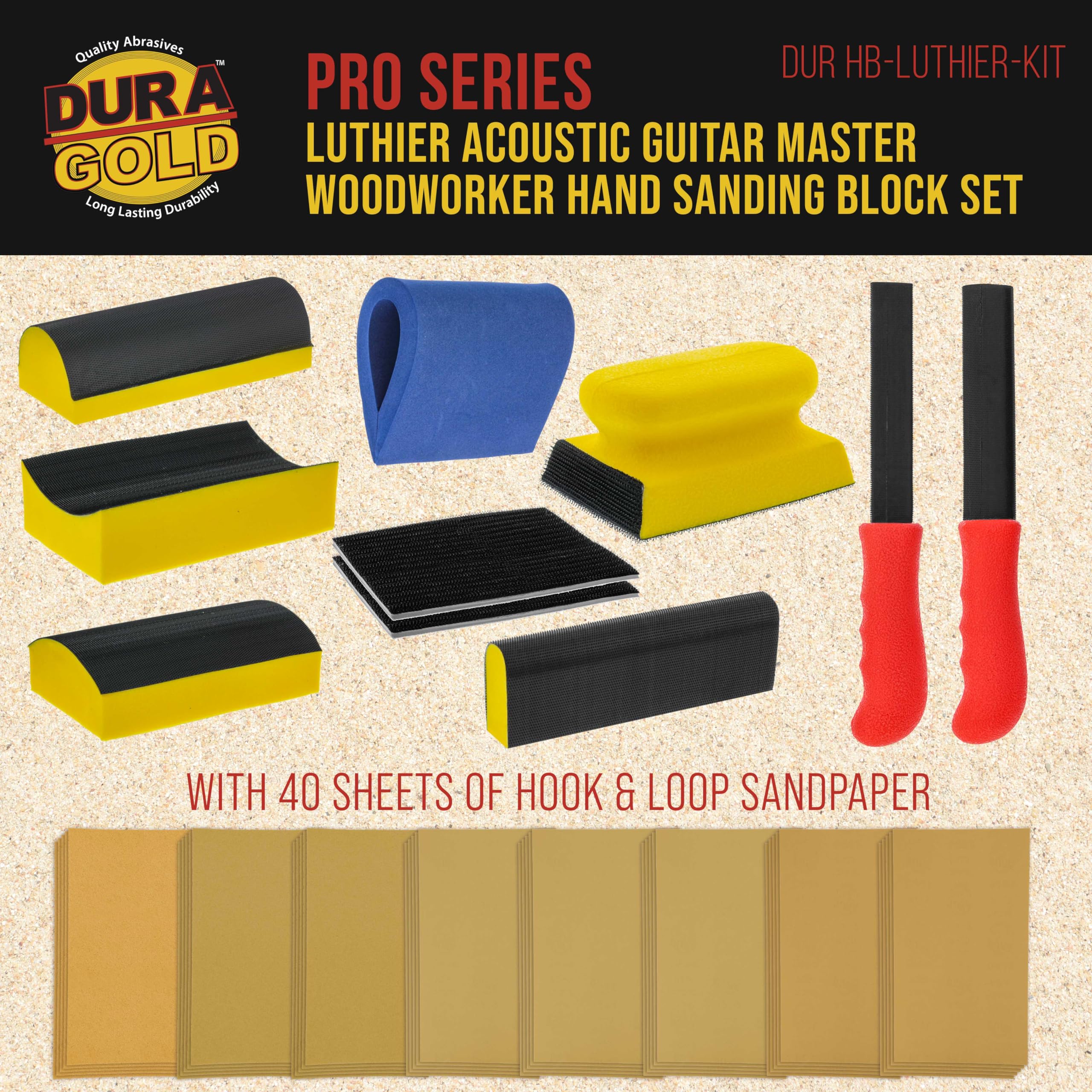 Dura-Gold Luthier Handschleifklotz-Set für Akustikgitarre mit 40 Blatt Klett-Schleifpapier-Set – Musikradius-Reparaturwerkzeuge, konvexe und konkave Profilformen, Feilenstifte – Sandholz