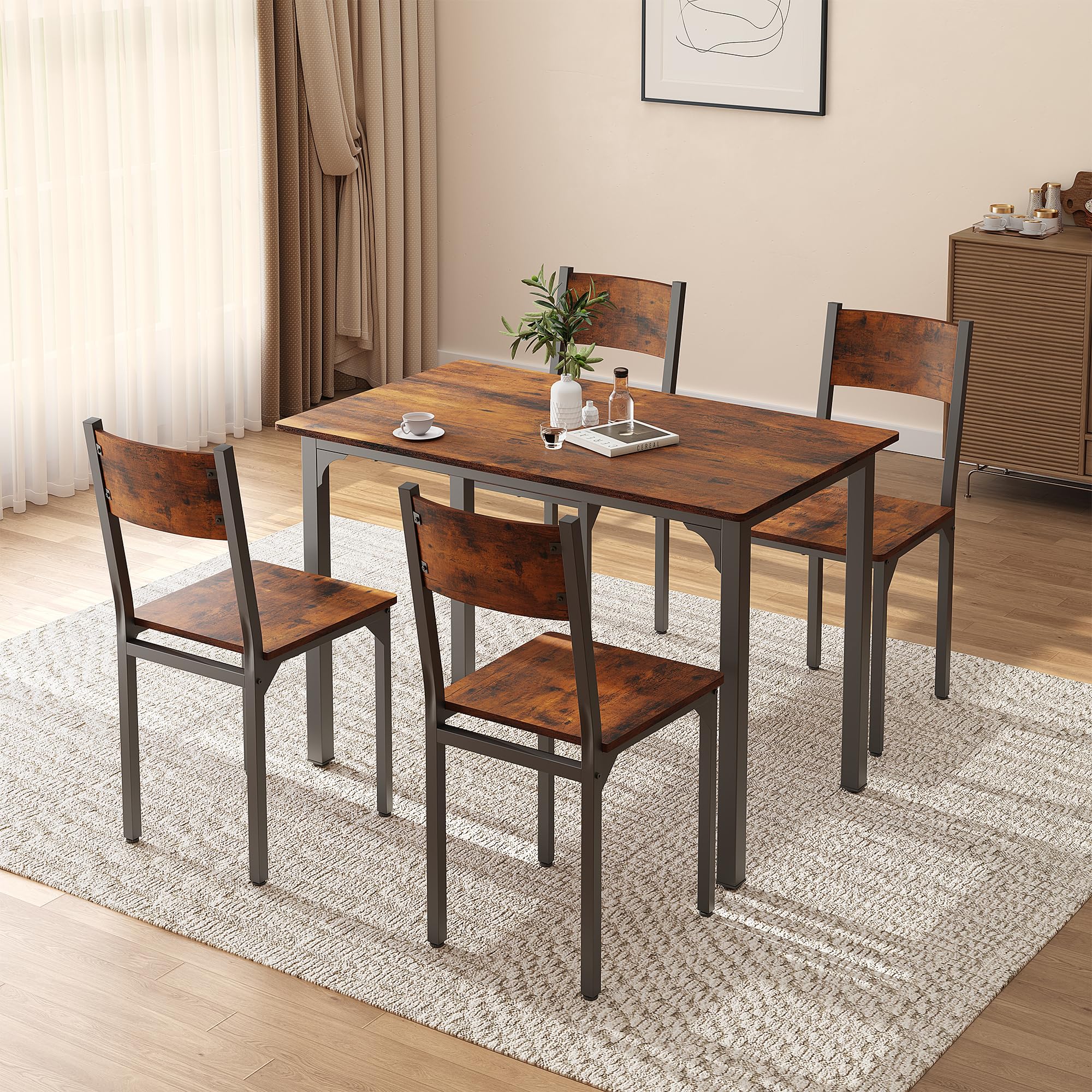 OC Orange-Casual 5-teilig Esszimmertisch Set, Esszgruppe für 4 Personen, Esstisch mit 4 Stühle aus MDF& Metall, Esszimmergruppe im Industrial-Look für Esszimmer, Küche, Vintagebraun (2 Packet)