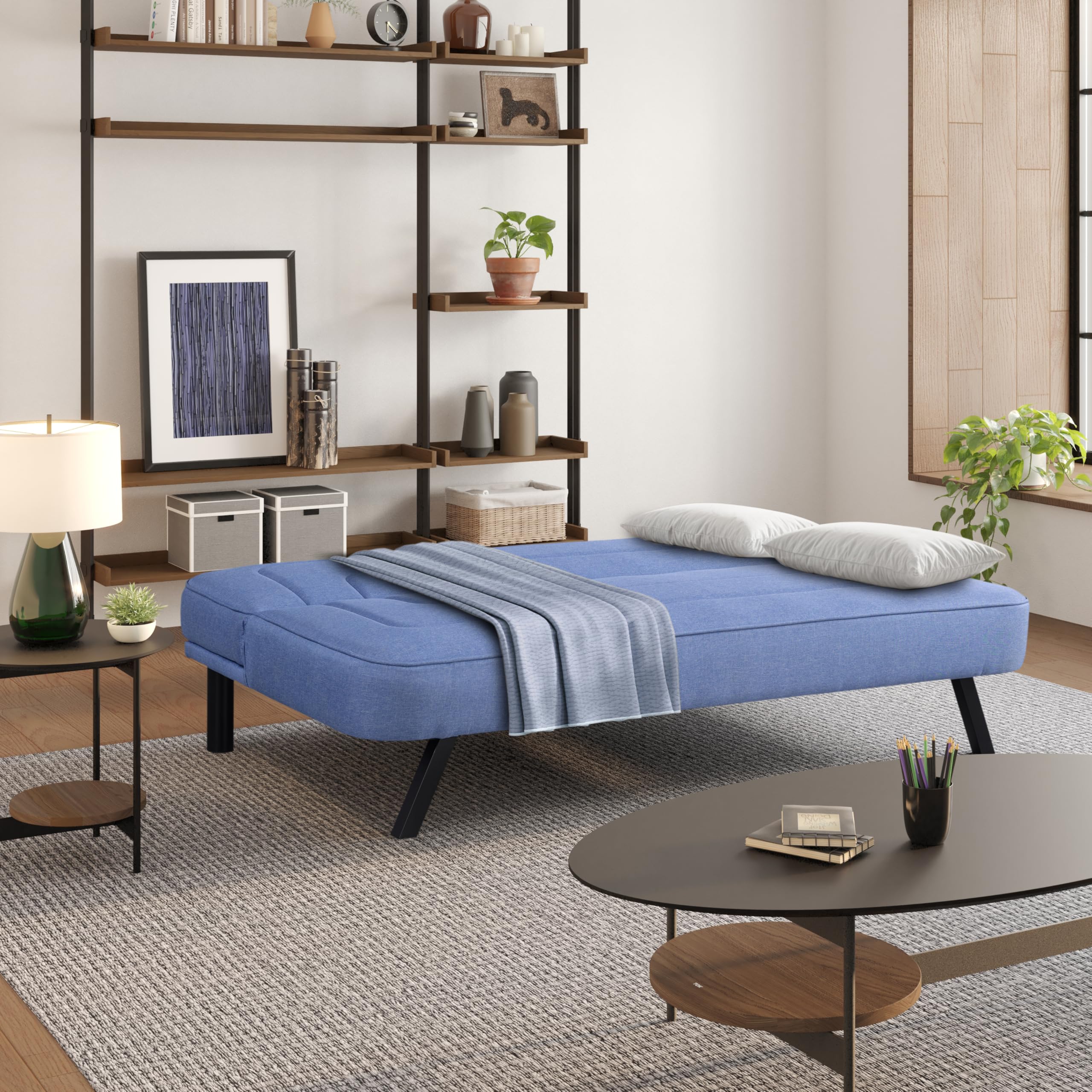 Serta Fairwood 66.1" Convertible Futon Sofa, Short Twin Size, Modern Boho, Dream Coil Comfort, Fingerguard Pinch Point Protection, Soft Woven Polyester Fabric, Blue