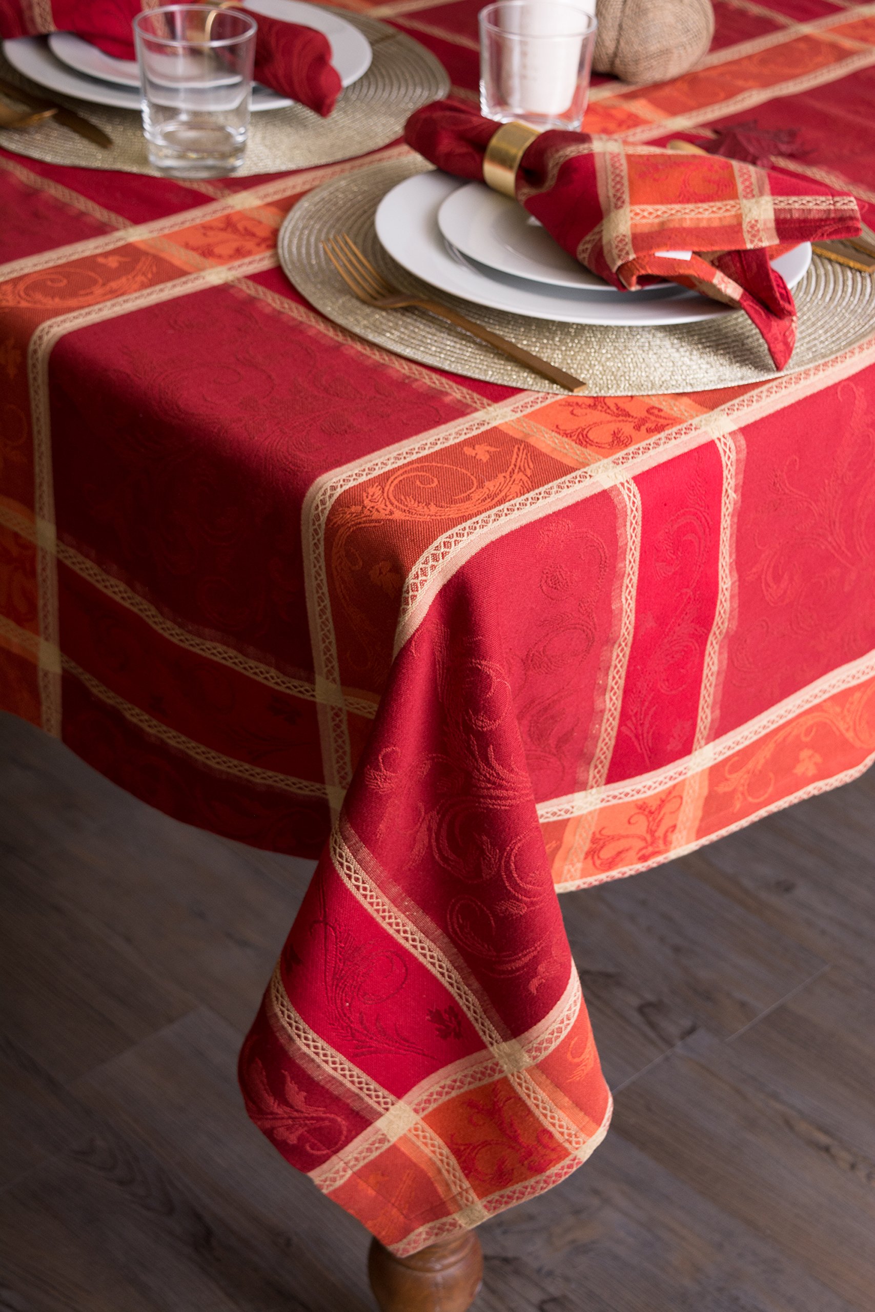 DII Traditional Harvest Nappe Ronde en Coton damassé Collection Jacquard Collection Thanksgiving Décoration de Table d'automne 177,8 cm Orange brûlé