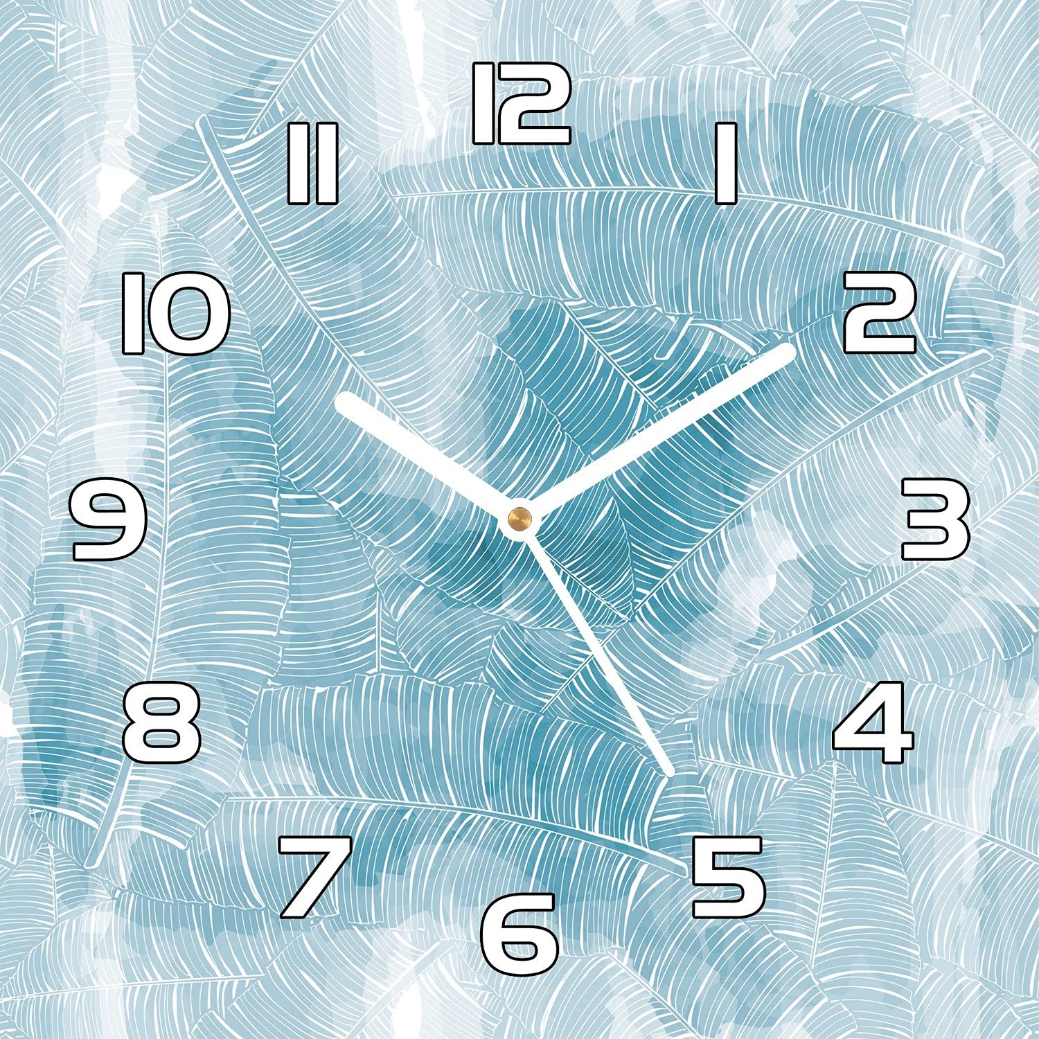 Horloge en verre 30x30 cm Coloray avec aiguilles noires et motif feuilles froides murales