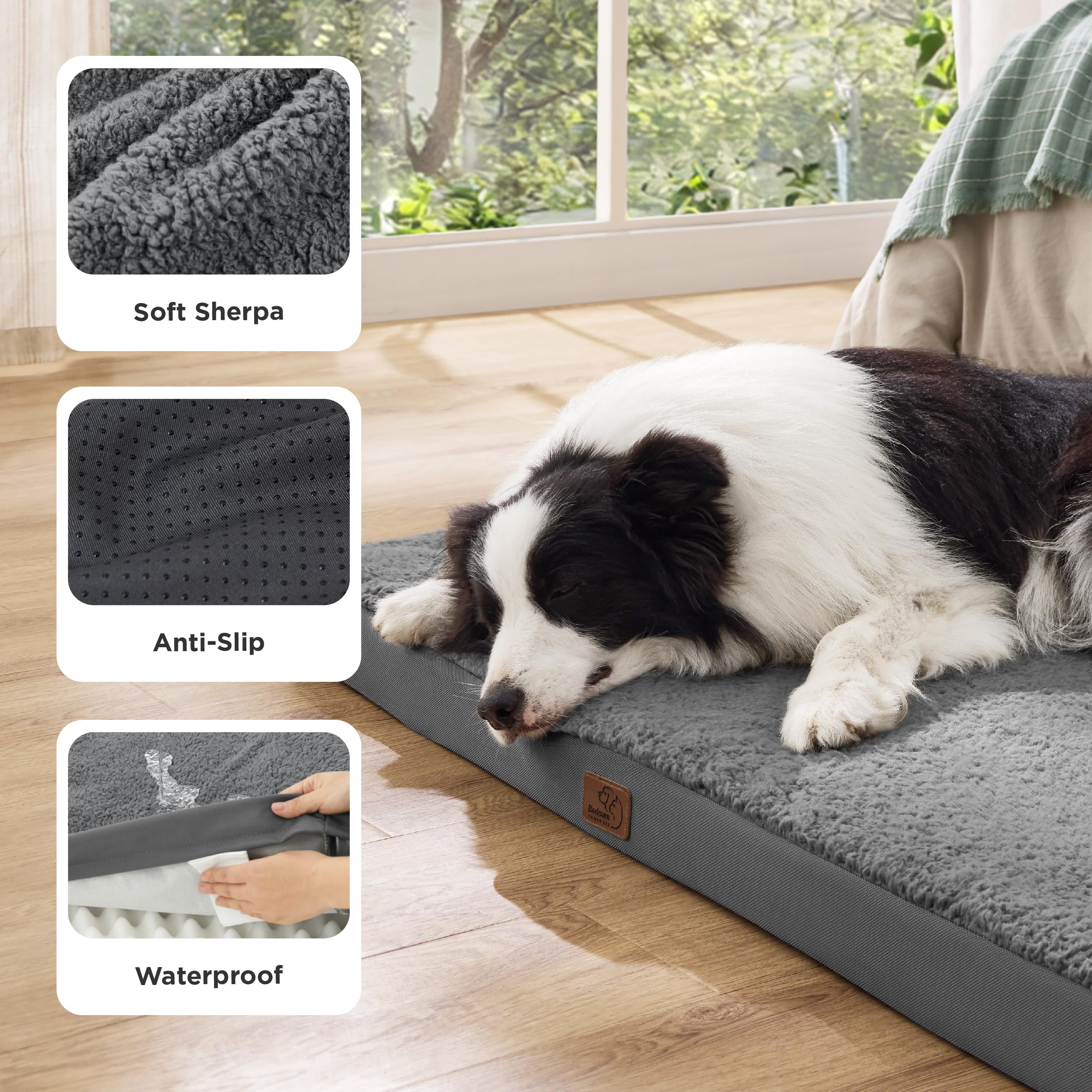 Bedsure Cuscino per Cane Gande - Materassino per Cani Taglia Grande Interno Cuscino Cane Sfoderabile Lavabile 112x81x7.6 cm, Grigio