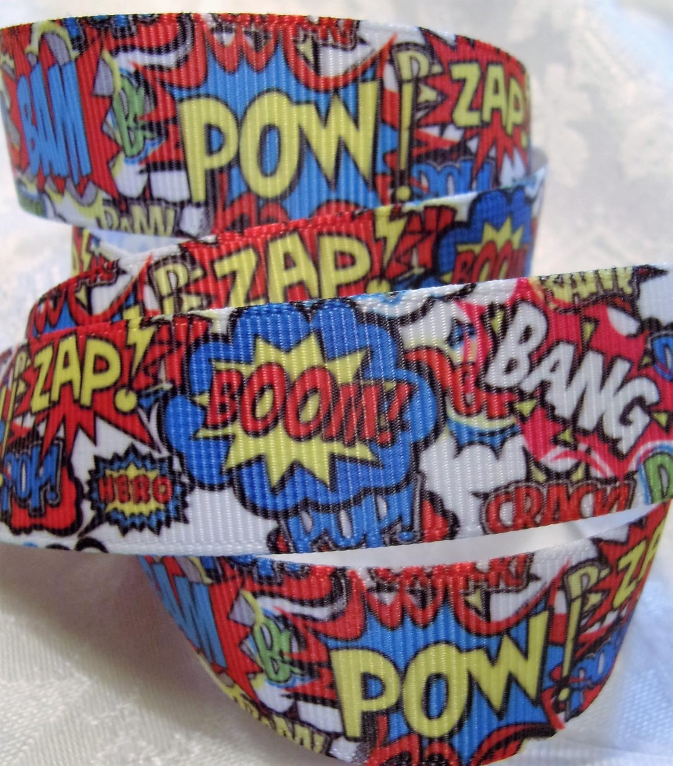 POW -ZAP- BAM- Bang Printed Grosgrain Ribbon - 7/8 Wide, 10 Yds - for Hair Bows, Party Decorating, Sewing and Cartoon Crafts!