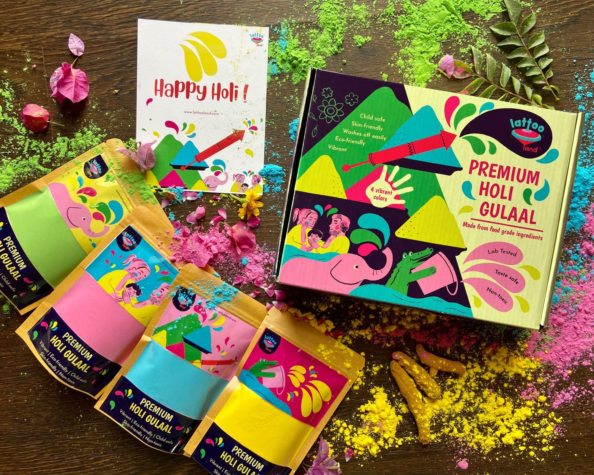 Lattooland Natural Holi Gulaal Combo Pack of 4 Colours 80g Each | Child-Safe | Lab-Tested |Non-Toxic Colours| Gift Holi Color Powder Set | Eco-Friendly and Washable Gulal |Skin Safe Holi Colors