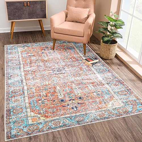 Bloom Rugs Alfombra lavable antideslizante de 6 x 9 pies, color naranjaazul, alfombra tradicional persa para sala de estar, dormitorio, comedor y Bloom Rugs Alfombra lavable antideslizante de 6 x 9 pies, color naranjaazul, alfombra tradicional persa para sala de estar, dormitorio, comedor y
