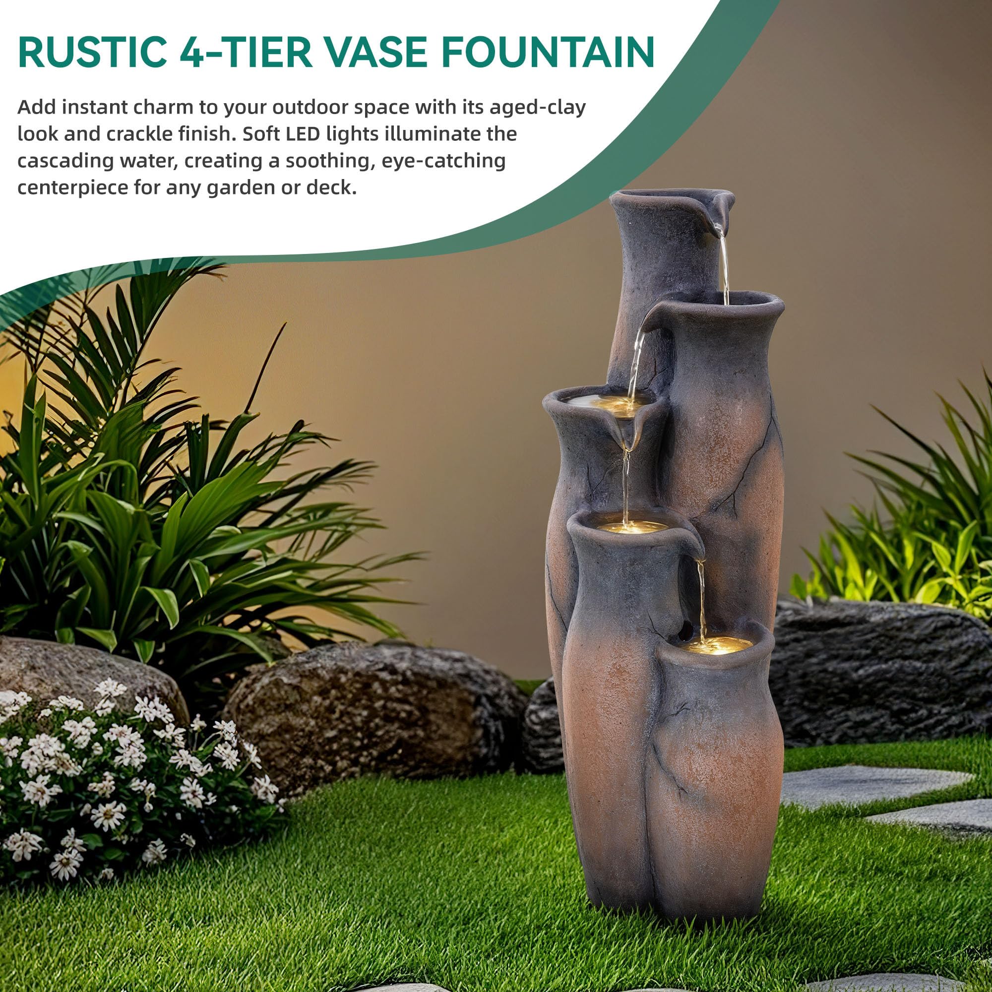 Fontana per acqua esterna di 83 cm di altezza, con illuminazione, 5 livelli, finitura rustica in pietra strappata, cascata in resina con oasis