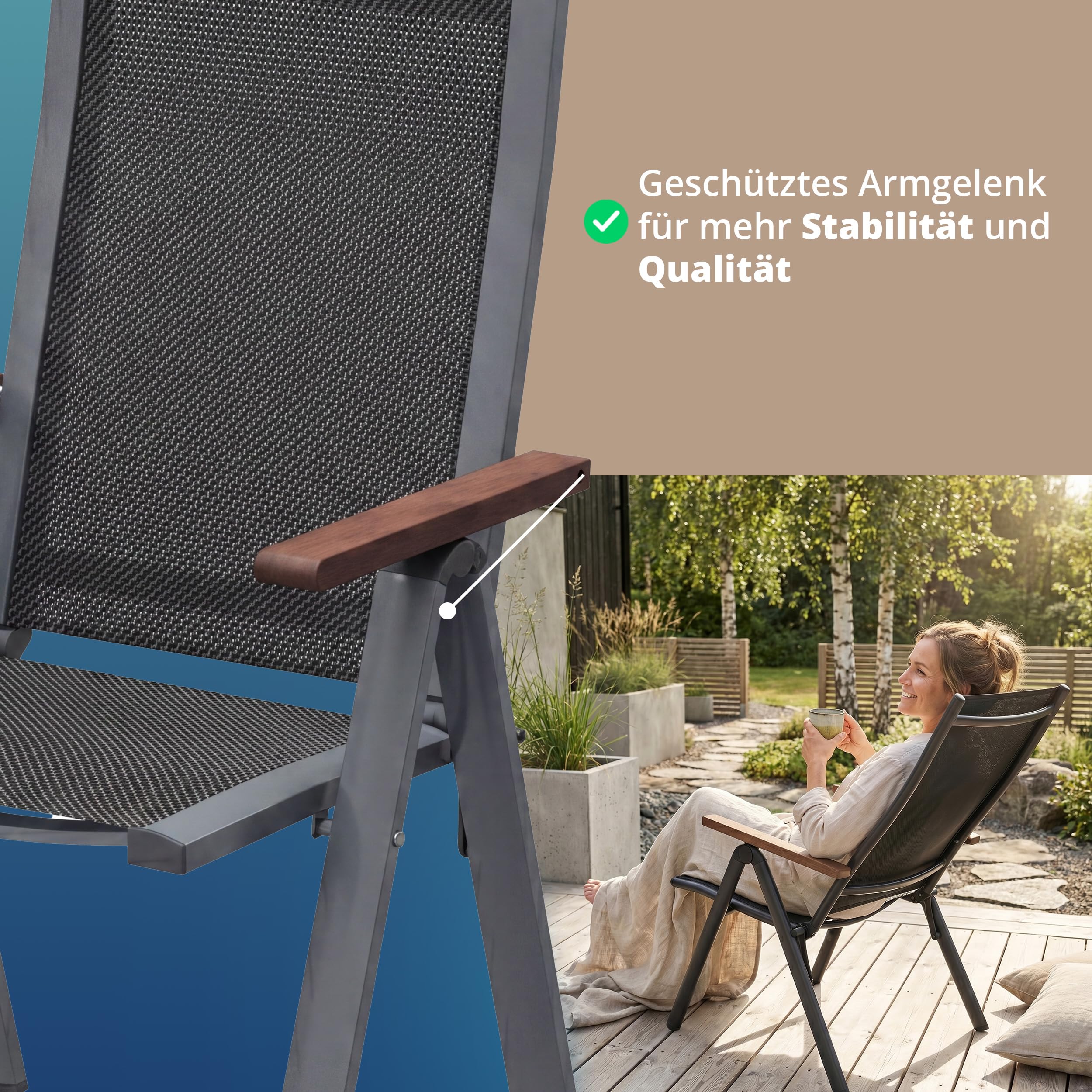 KHG Gartenstuhl klappbar Aluminium anthrazit mit Eukalyptusholz Armlehnen | verstellbare Rückenlehne, Sitzfläche und Lähne au Textilgewebe, wetterfest, für Zuhause, leicht & stabil, für den Alltag