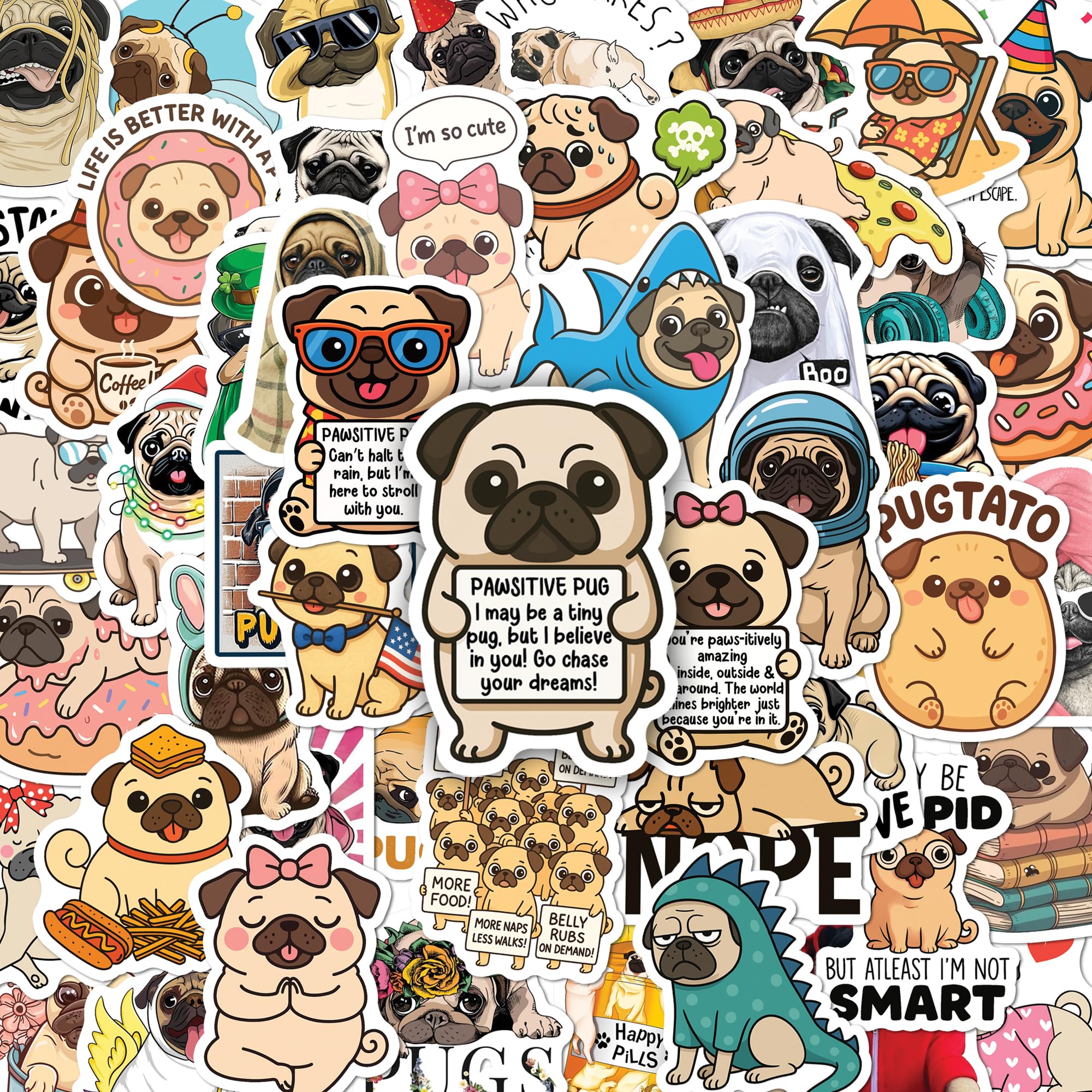 BEATRI Pug Stickers 50Pcs Pug Dog Waterproof Vinyl Decor & Party Favors for Laptop, Water Bottle, Skateboard & Travel Gear | Non-Repeating Decals,