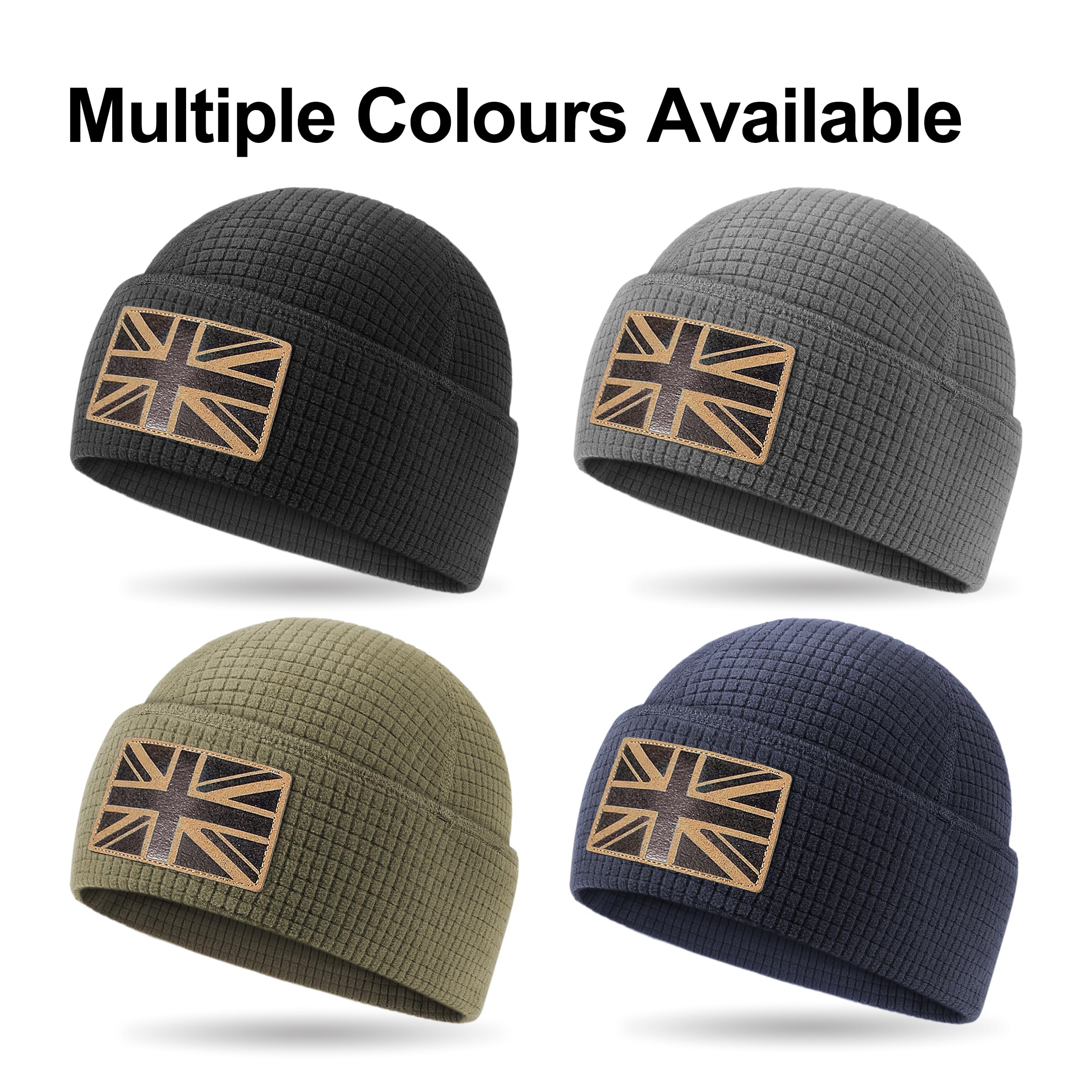 Outdoor Shaping Leather UK Flag Patch, Grid Fleece Cuffed Beanie Waffle Knit, Tactical Army Military Skull Cap Warm, Unisex Navy Hat One Size, Outdoor Hiking Travel Daily Wear