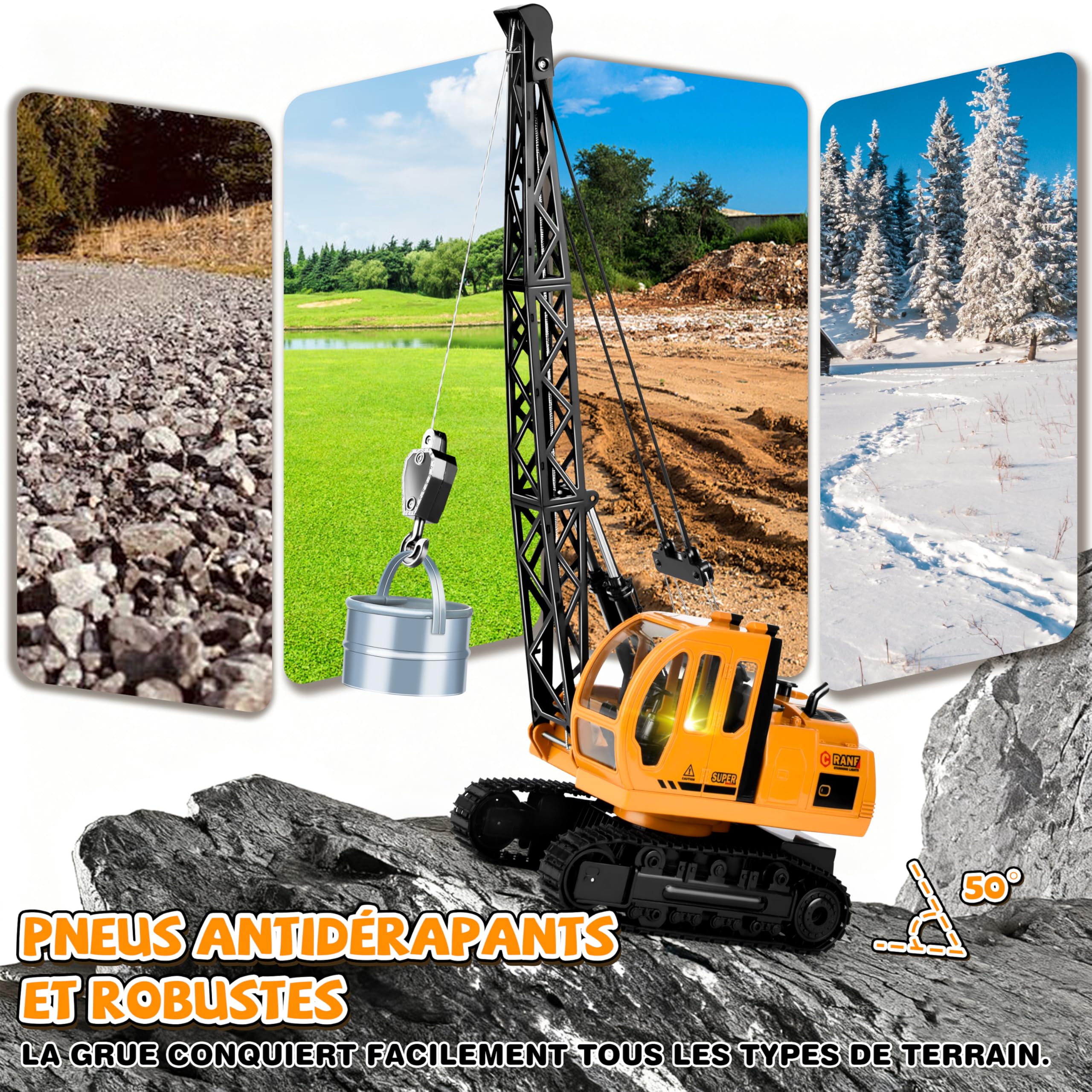 Joellfuner 1:14 Super Grande Grue Telecommandée, Grue Enfant 2,4G avec Lumières et Sons Réalistes, JouetGrue avec 2 Accessoires, Cadeau pour Enfants de 3 à 12 Ans (Très Grand)