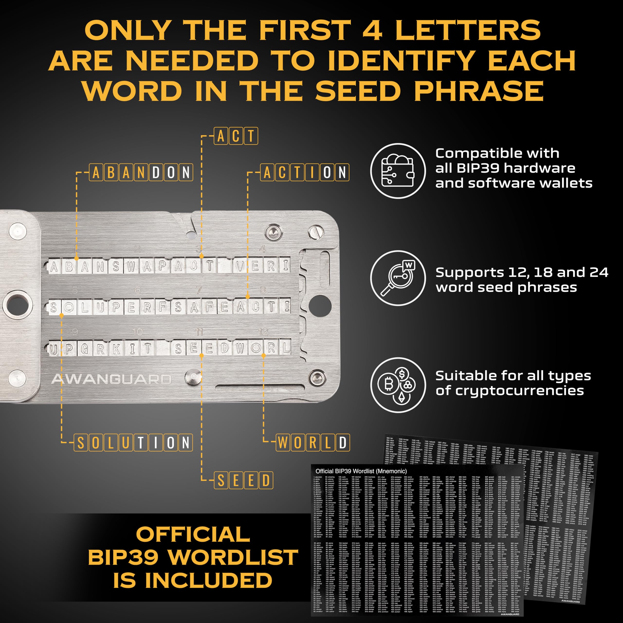 AWANGUARD Premiere - Bitcoin Steel Wallet, 24 x Seed Phrase Recovery Key  Backup, Offline Crypto Wallet, Cold Krypto Seeds Storage - Compatibel met  alle BIP39 portemonnees : Amazon.com.be: Kantoorproducten