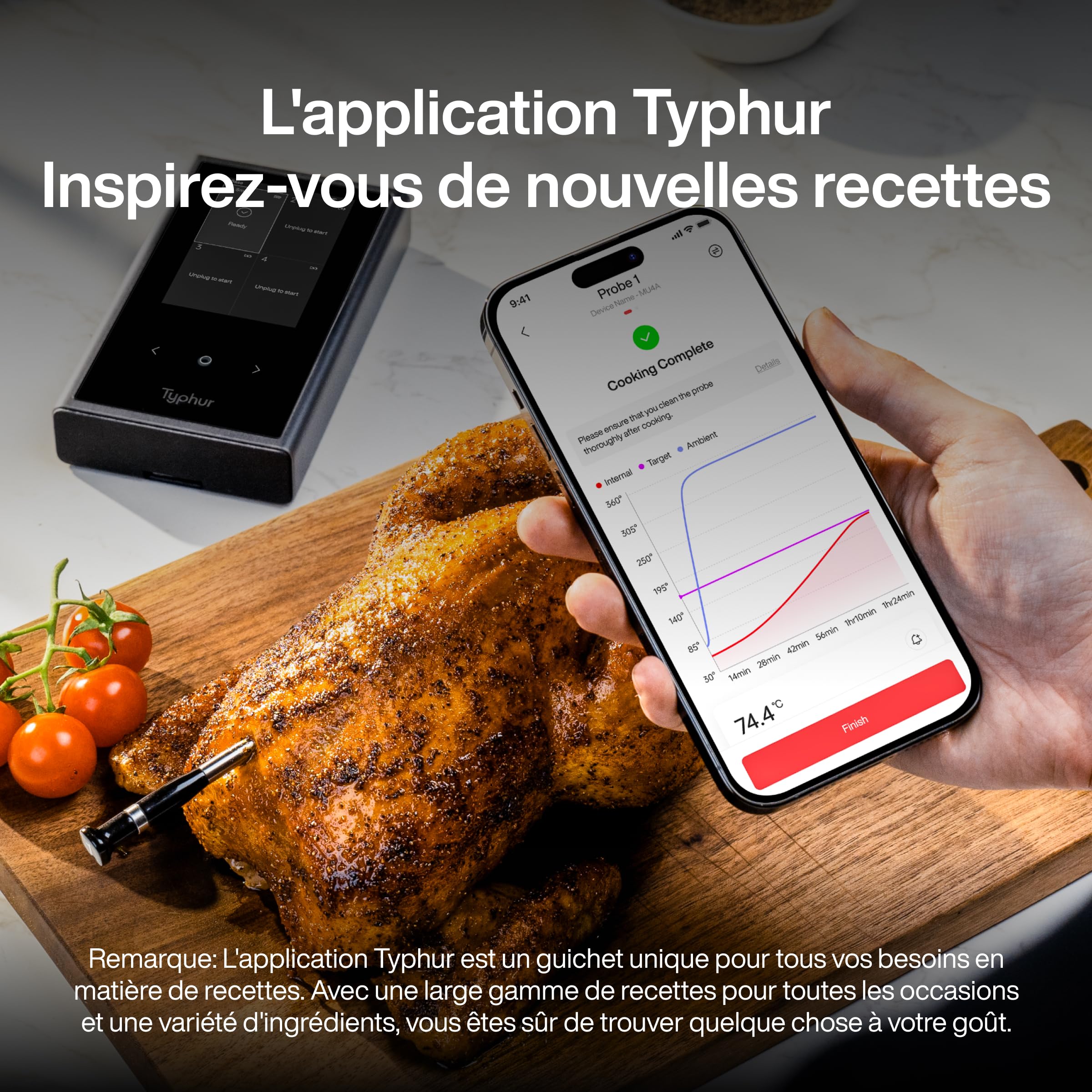 Typhur Thermomètre à Viande Intelligent Sans Fil -2 Sondes 12 Capteurs, 122m Bluetooth 5.4 Haute Stabilité, Surveillance WiFi Illimitée, IP67 Etanche Thermomètre Cuisine Cuison pour Gril Four Barbecue