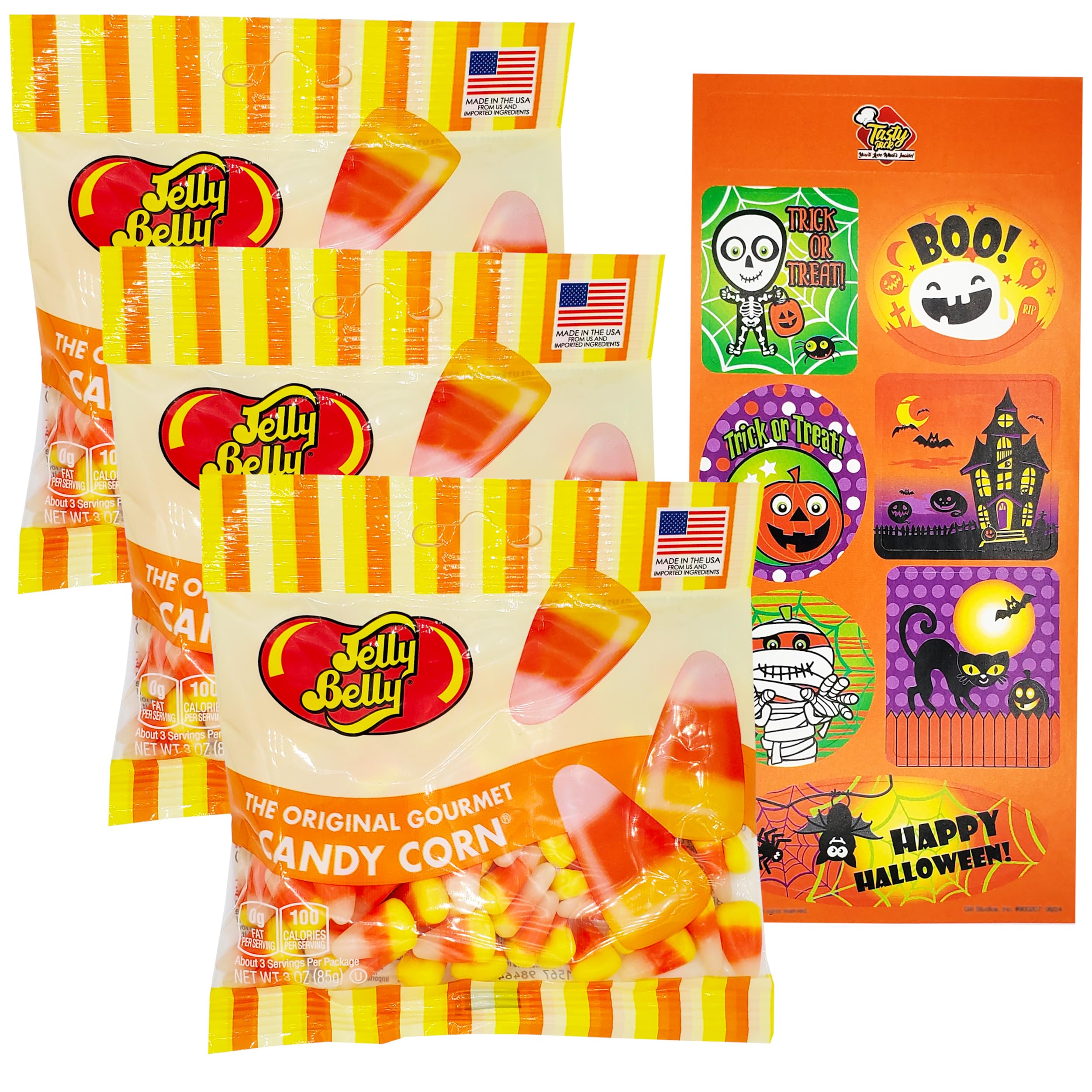 Candy Corn Jelly Beans 3 Pack Fall Flavors Candies Bulk Candy Bundles with TastyPack Halloween Stickers