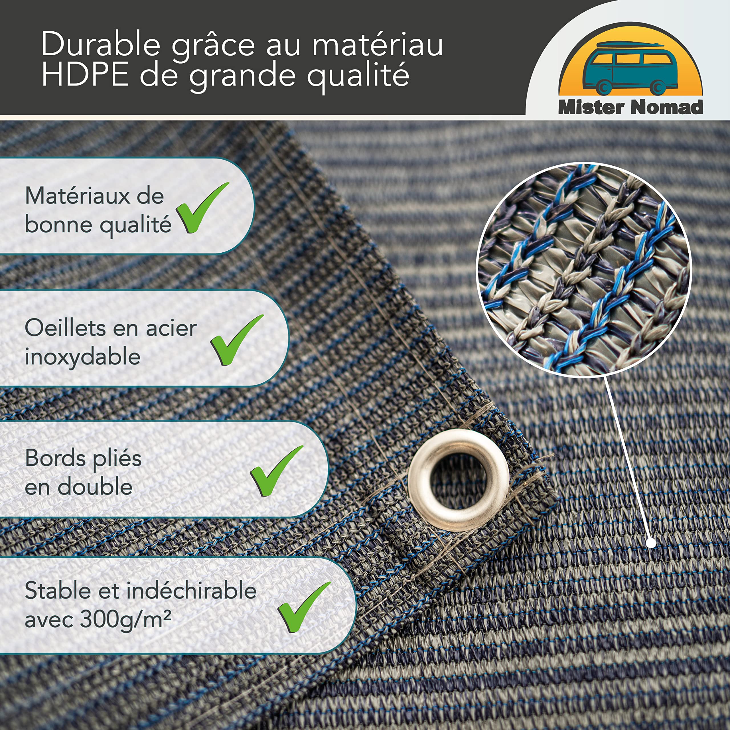 Mr Nomad Tapis Auvent Caravane 300 g/m² – Tapis de Camping Extérieur Respirant avec 4 Piquets en T, 12 Sardines en Acier et Sac