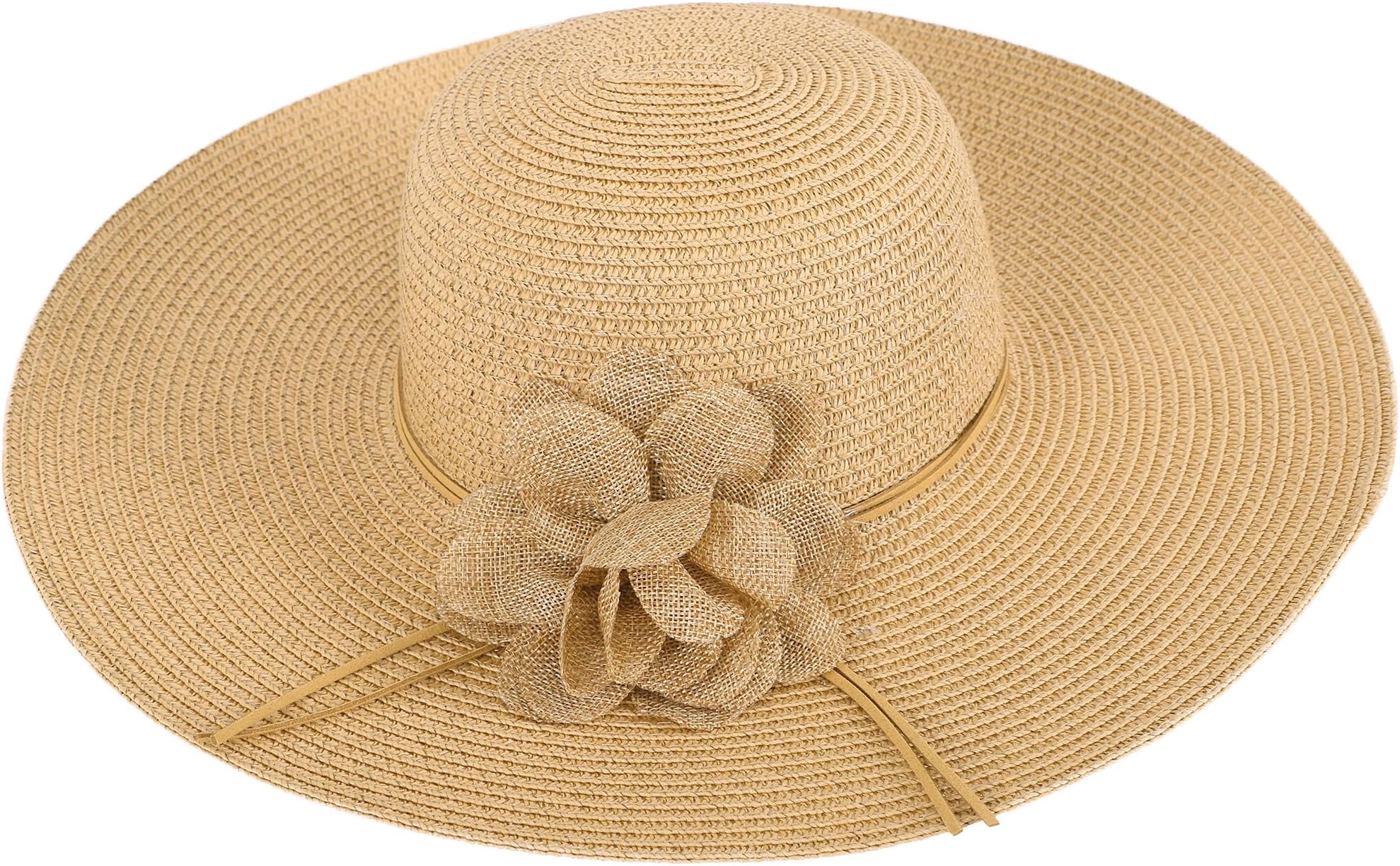 AshopZ Women's Summer Wide Brim Straw Sun Hat with Chin Strap,Nature