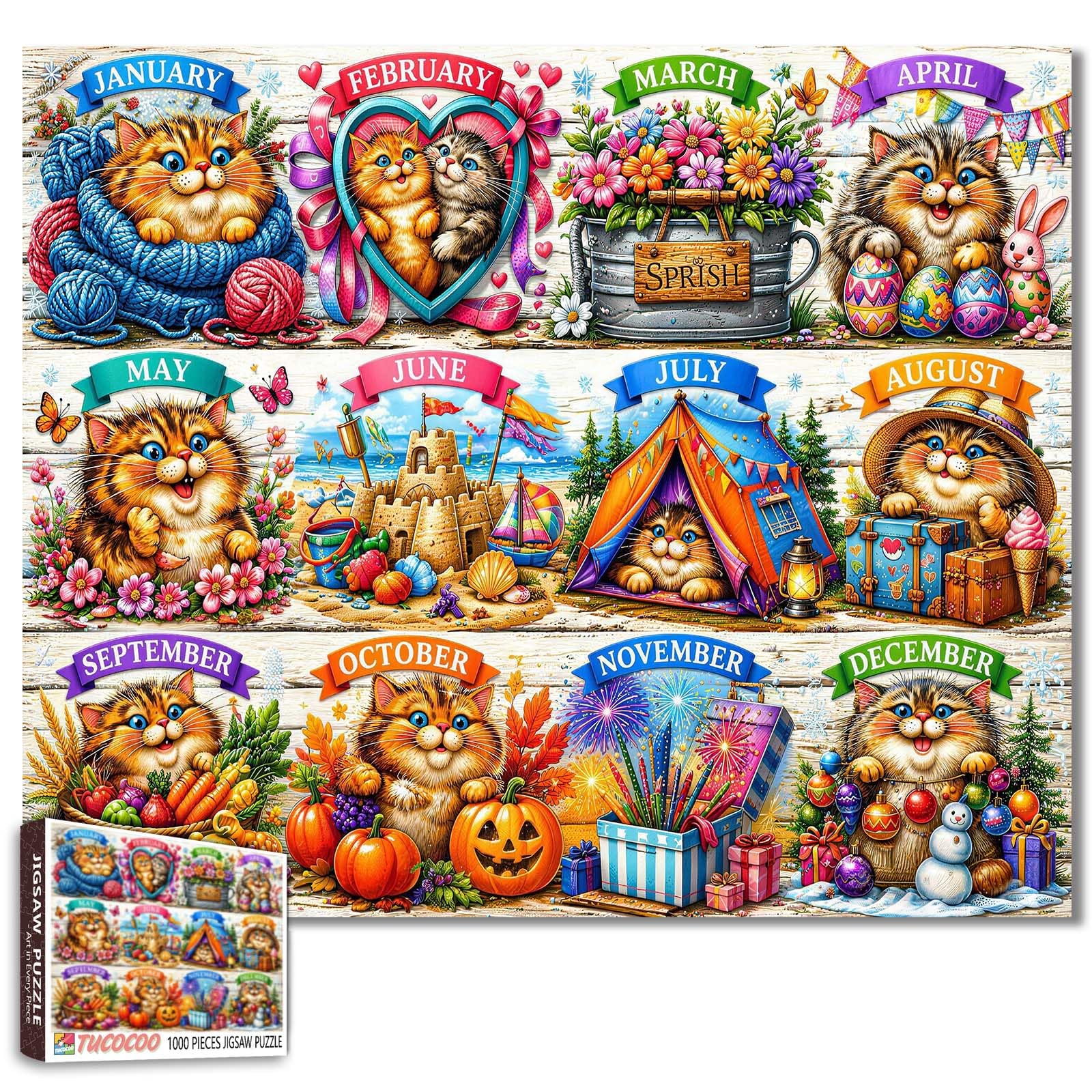 Cute Cat Monthly Calendar Jigsaw 1000 Piece Puzzles for Adults and Beginner Seasonal Kitten Puzzles Rustic Farmhouse Decor Challenging Family Activity Games Colorful DIY Craft Gifts 20×27 Inches — image 1