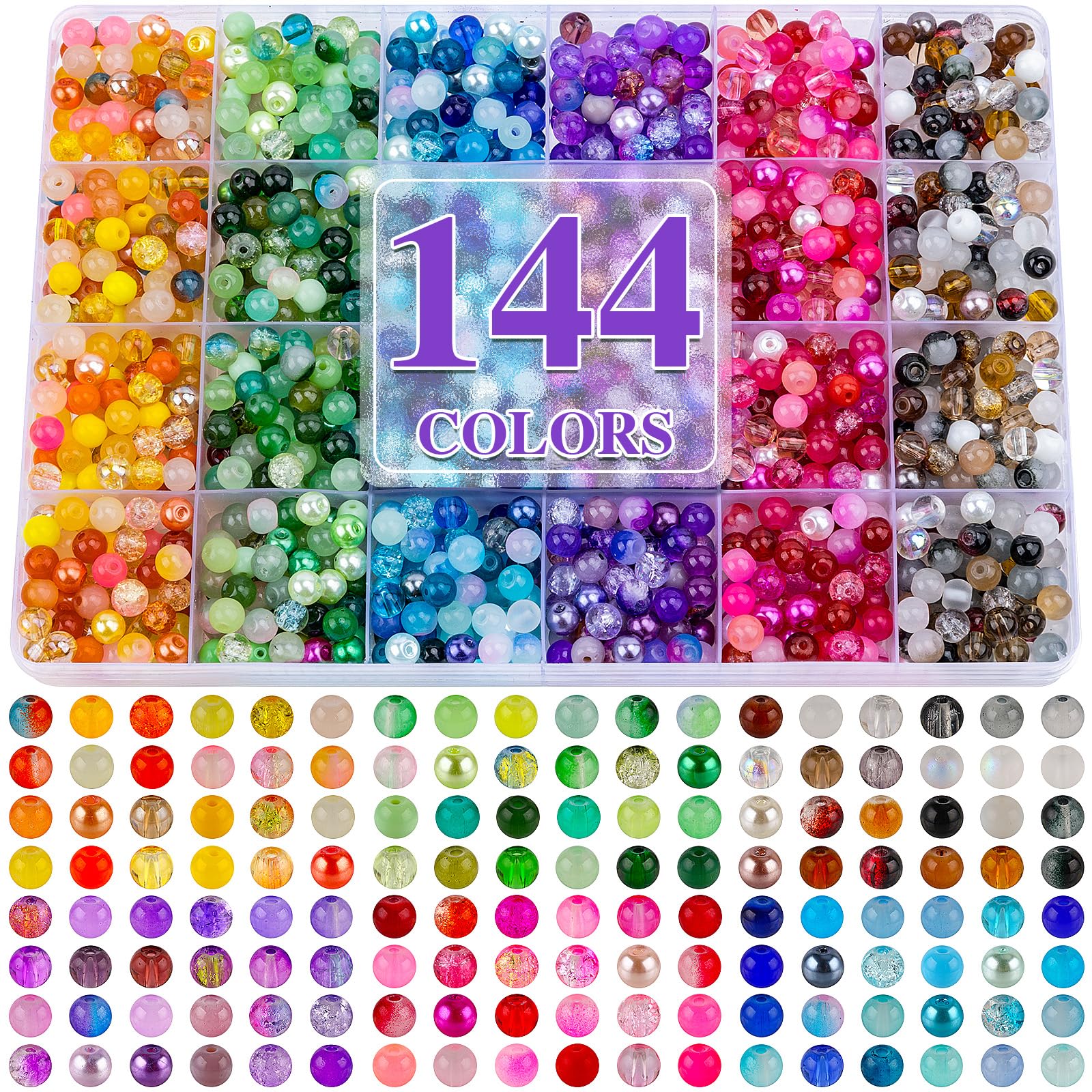 XSEINO About 1200PCS 6mm Glass Beads Bracelet Making Set, 144 Colors