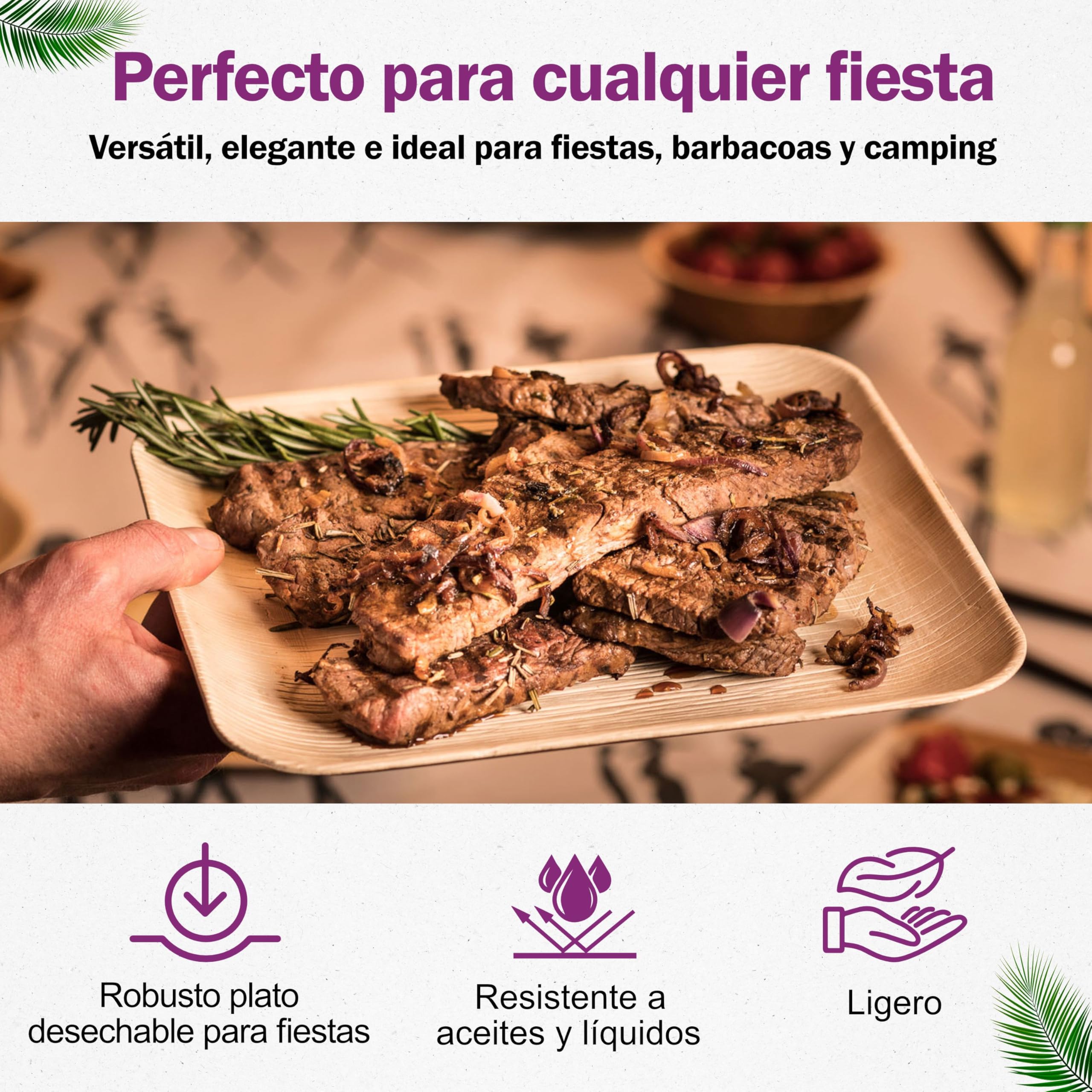 Platos Desechables de Hoja de Palma y Cubiertos de Madera - Set de 25 Cuadrados 25x25 cm, Cuchillos y Tenedores - Vajilla Biodegradable - Elegantes para Fiestas - como Menaje de Bambu