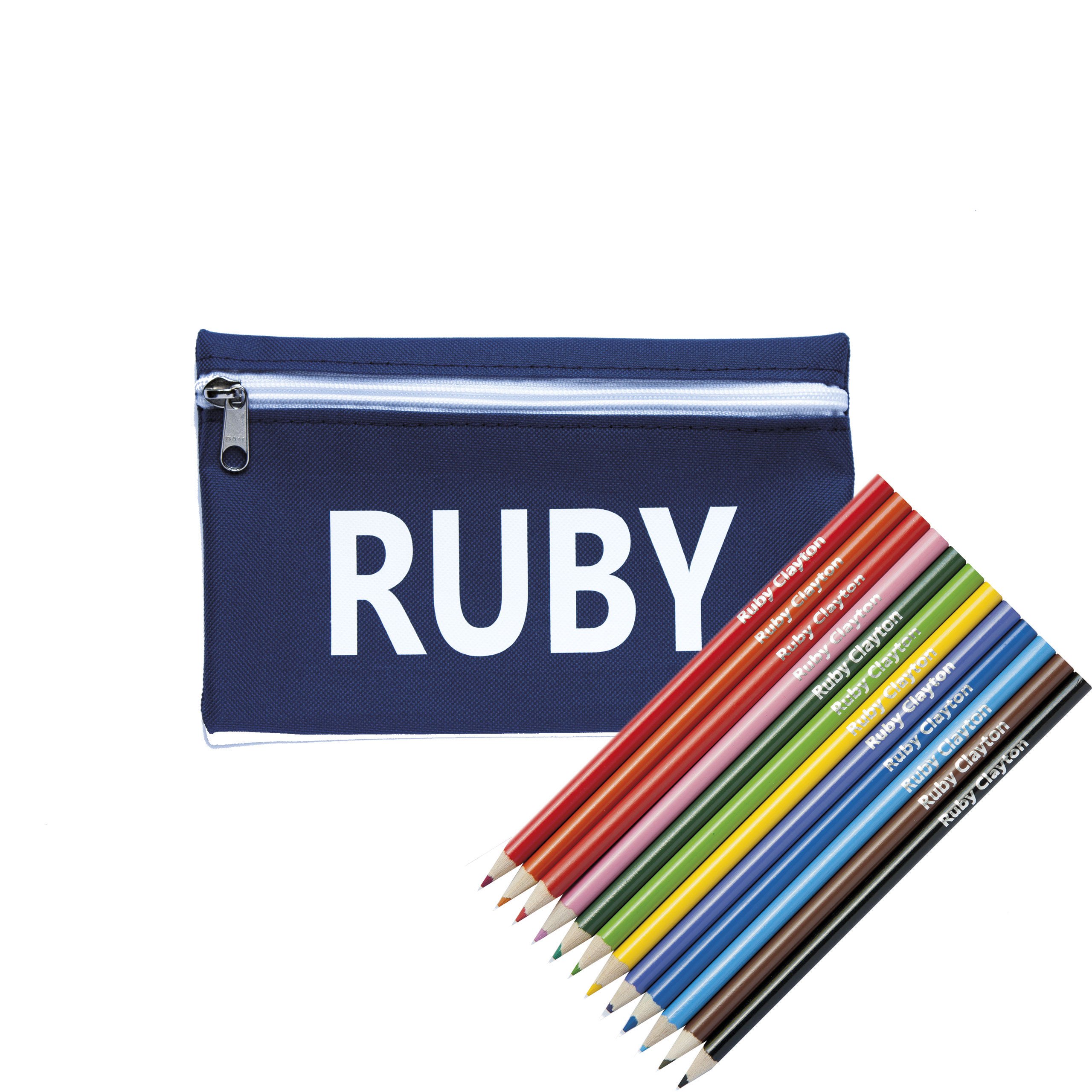 Zip Pencil Case with Pencils Personalised with Name - Perfect for School and College (Navy Blue)