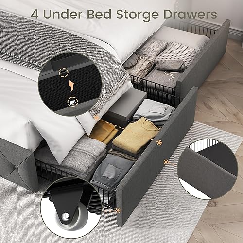 Miniatura 30 de LARMACE - Marco de cama tamaño King con 4 cajones de almacenamiento y cabecera tapizada con botones, cama de plataforma tapizada en lino con