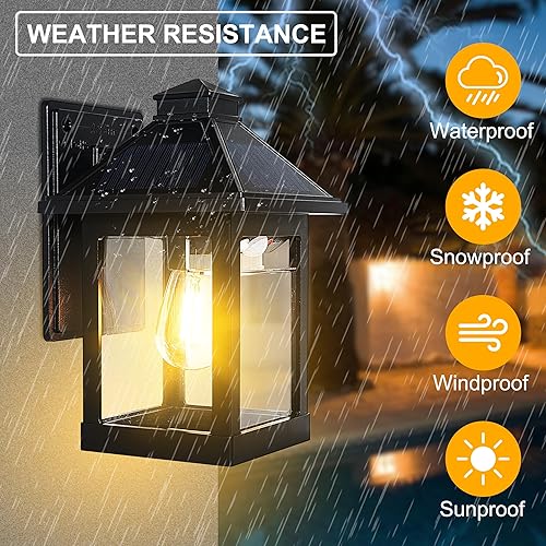 Miniatura 4 de Paquete de 2 faroles de pared alimentados por energía solar con 3 modos de iluminación, aplique solar LED del atardecer al amanecer, montaje en