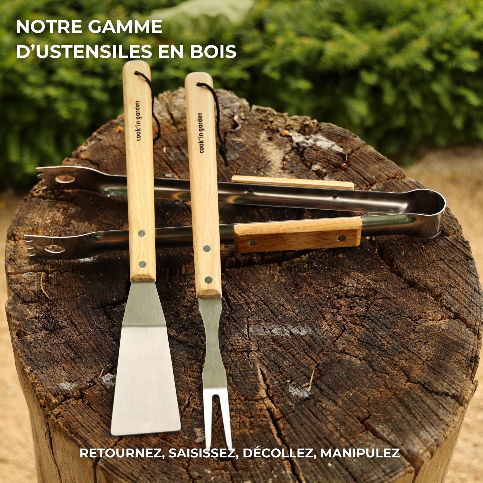 Cook’in Garden - Pince Essentiel FSC® 100%, Résistante aux Flammes et Hautes Températures, Manche Soft Touch Ergonomique, Ustensile Pratique pour Barbecue et Plancha, Cuisine Extérieure
