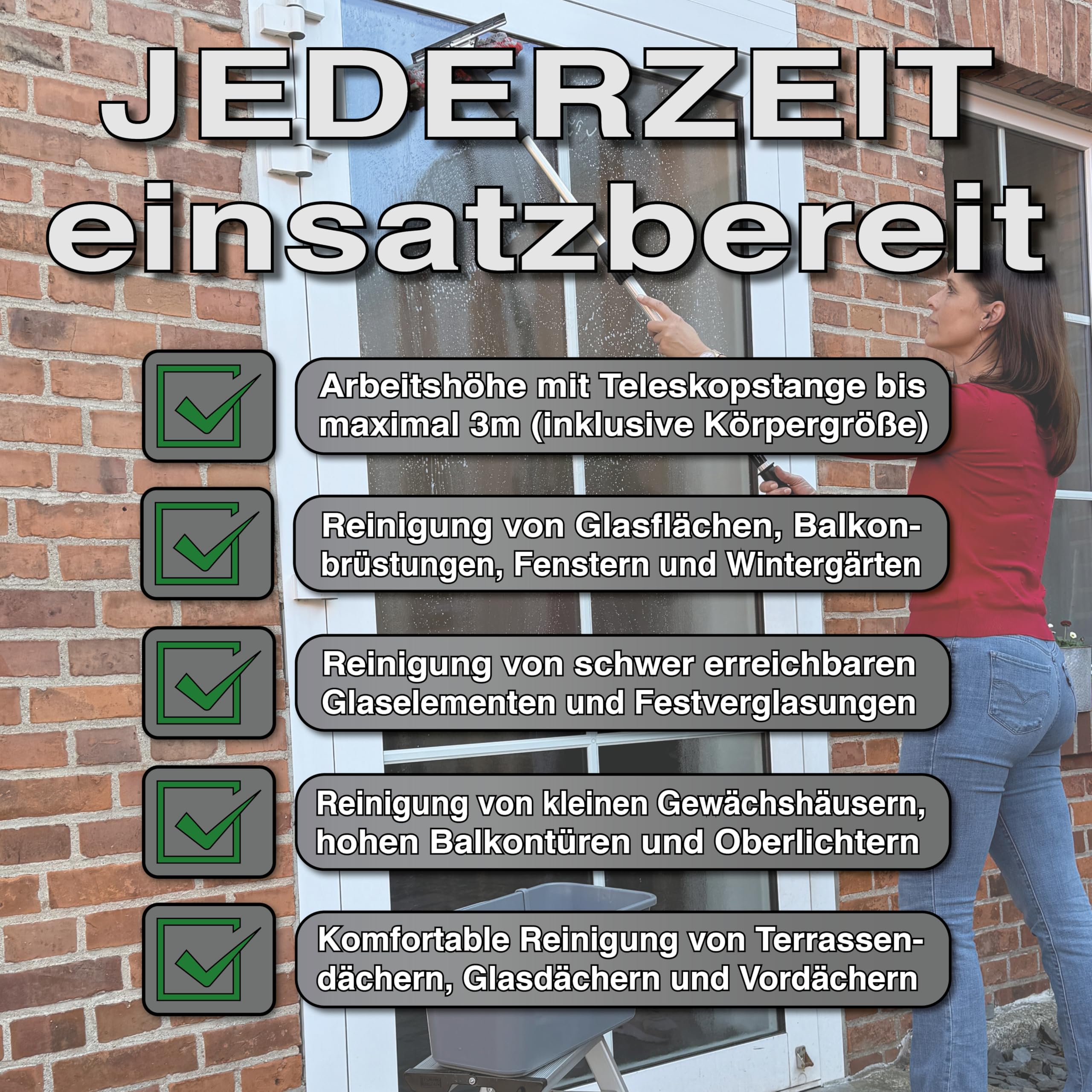FenWi 1,25m Profi Komplett Set zur Glasreinigung mit 25/30cm Kombi Fensterabzieher Mikrofaser Einwascher Teleskopstange Rechteckeimer I Zubehör zur Fensterreinigung mit Wischeimer zum Fensterputzen