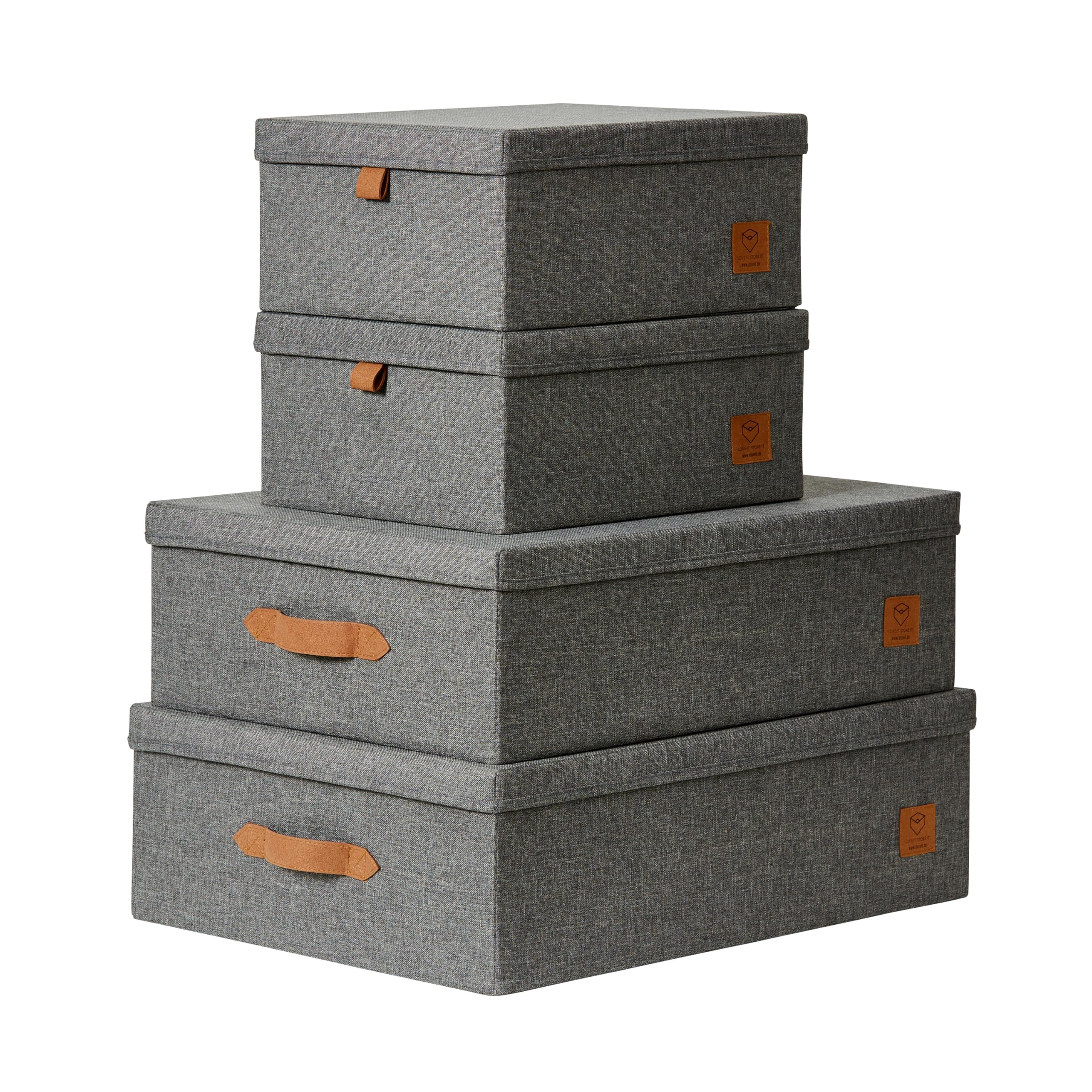 LOVE IT STORE IT - Premium - Boîtes de rangement avec couvercle - Lot de 4 boîtes de rangement en tissu - Renforcées de bois, très solides - Gris - Différentes tailles