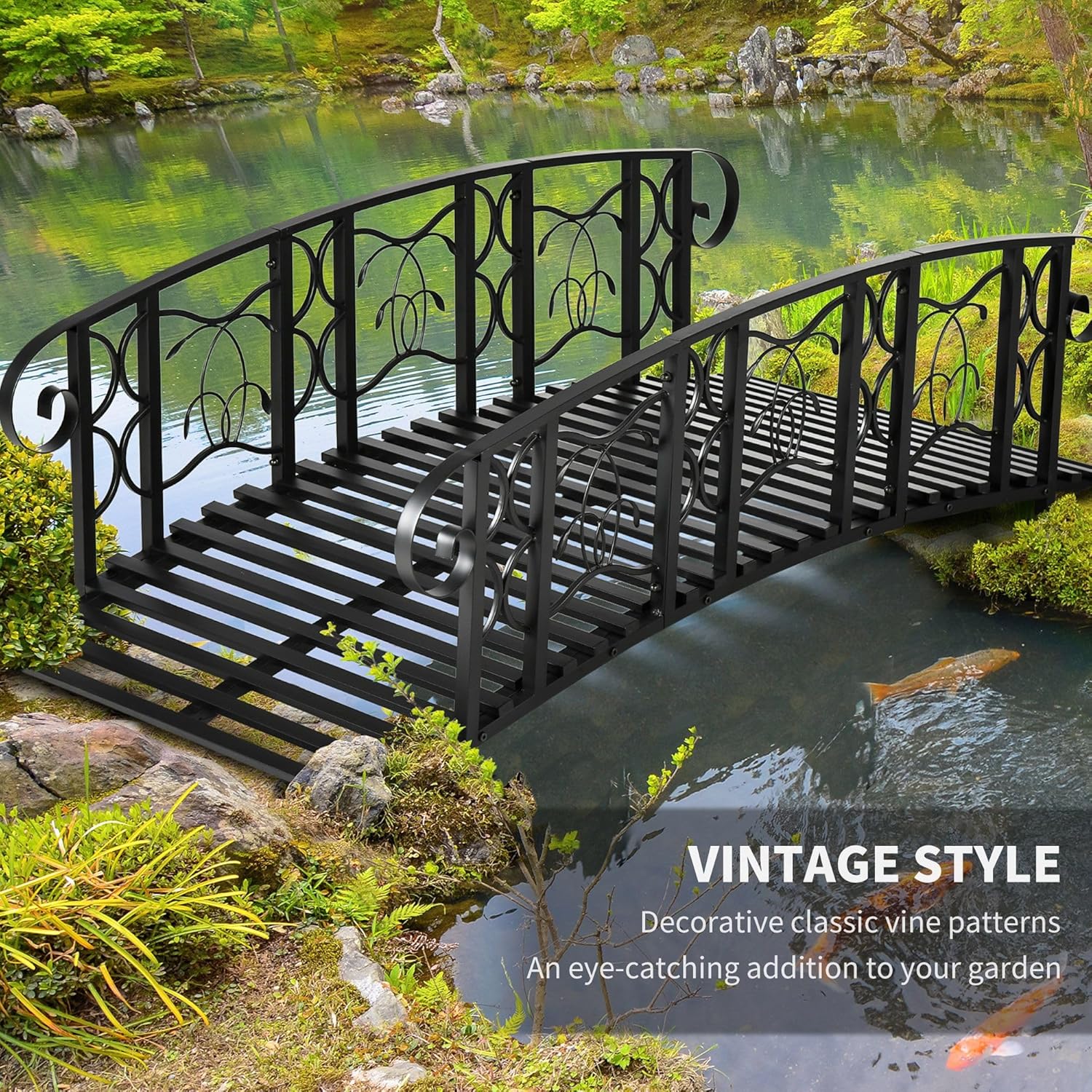 6ft 660lb Solid Metal Arch Garden Walkway Bridge with Safety Siderails and Motif Vine Designs and Easy Build Black Finish
