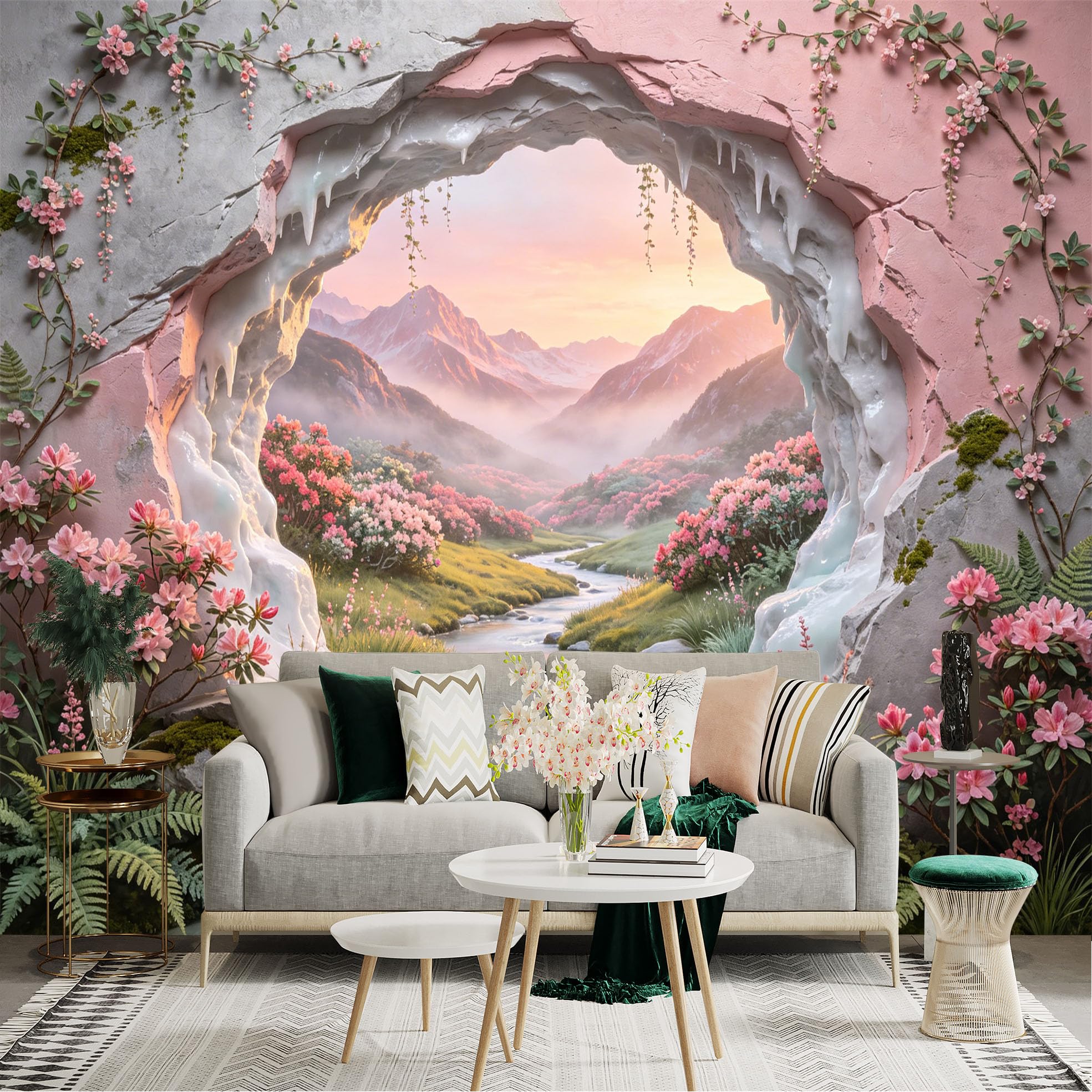 Custom Size Wall Sticker Mural， Pink Flower Valley with River， Mountains and Sunset View， for wall Decoration， peelandstick wall Decals.