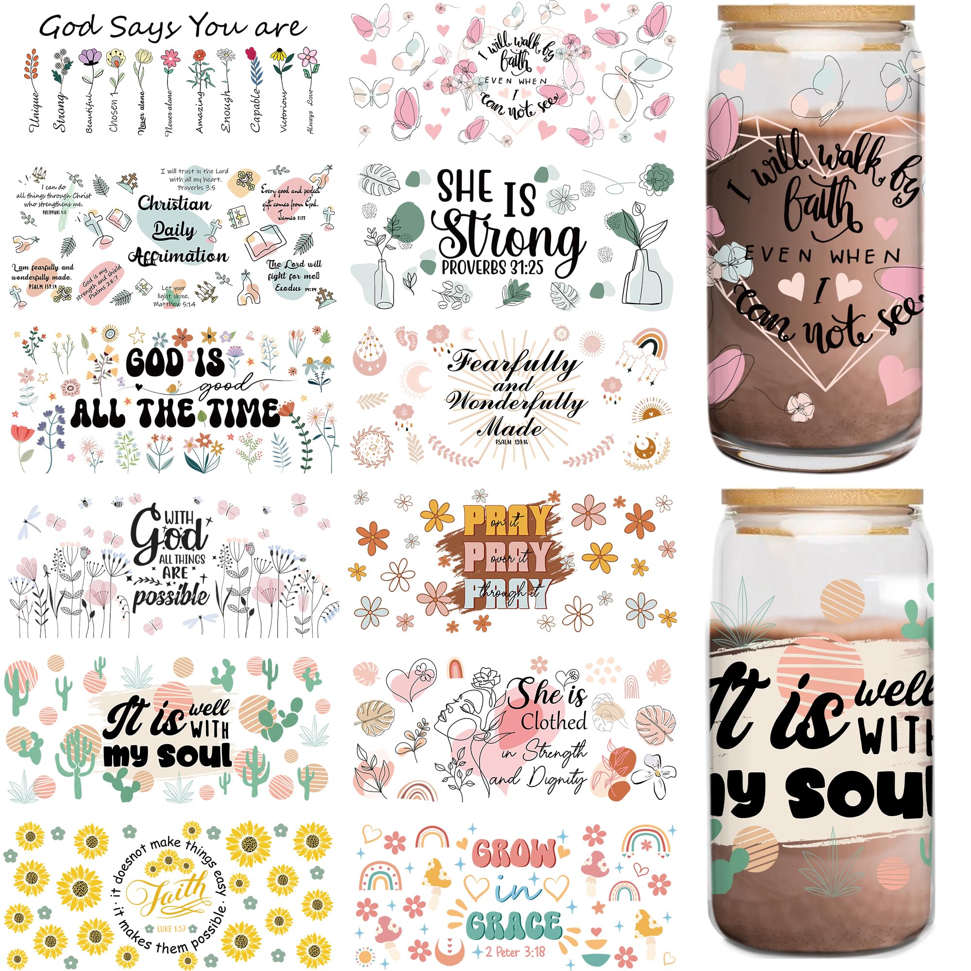 UVDTF Cup Wraps Transfer Sticker - 12 Sheets UV DTF for 16 OZ Glass, Bible Vrse, Floral, Flower, Sunflower, Mental Health Rub on Transfer Sticker,