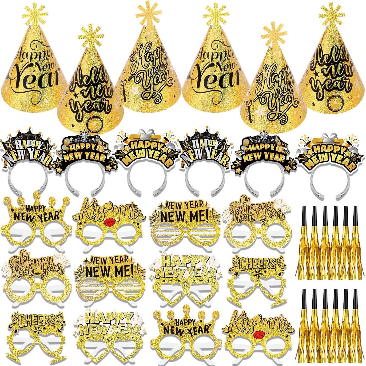 HOWAF New Years Eve Party Supplies 2026, Happy New Years Party Favors Headband Cone Hats Glitter Paper Eyeglasses Noise Makers Laser Gold New Year Decorations 2026 for NYE Favor Accessories 36pcs