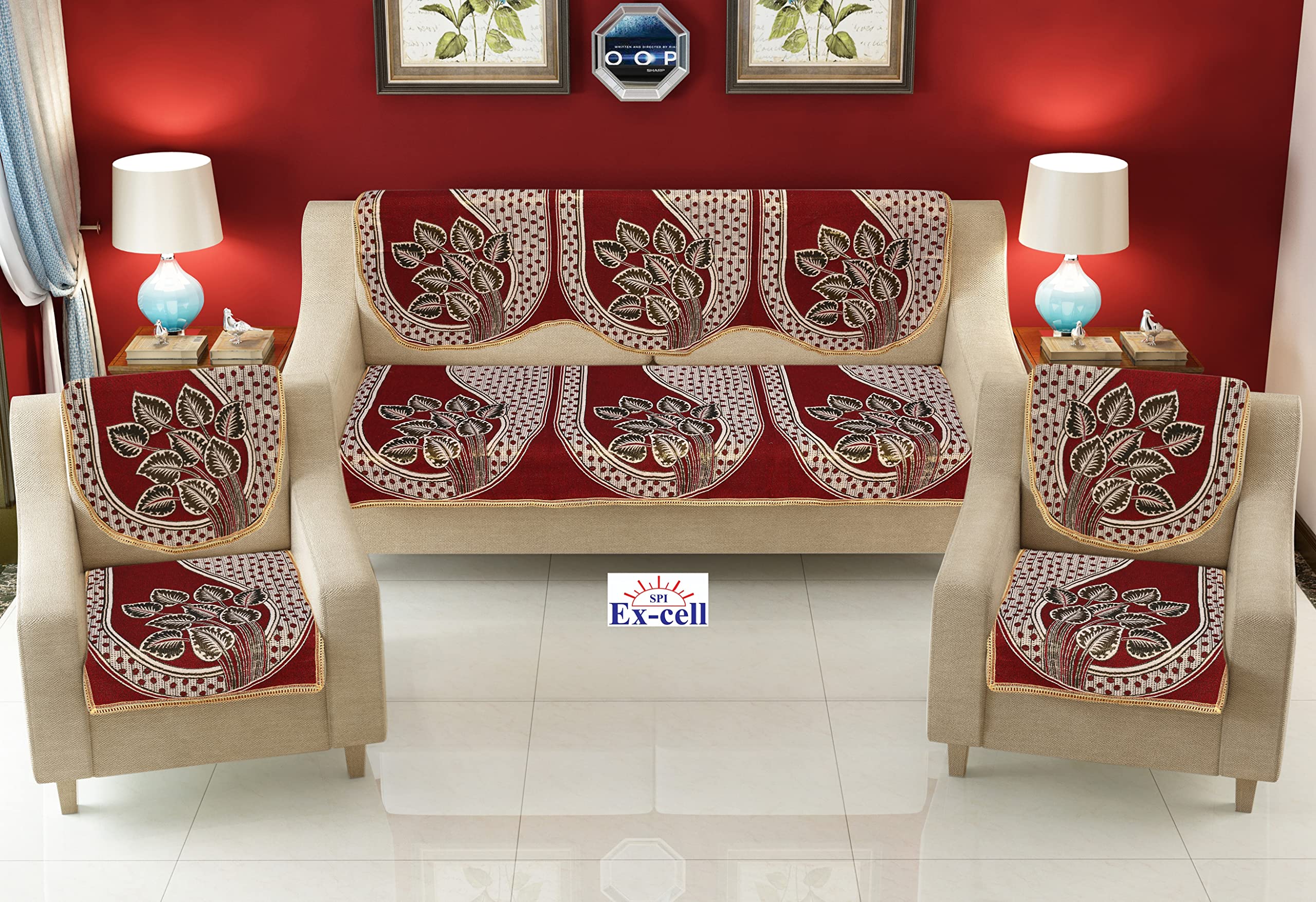 SPIEx-cell Excell loomtex Presents SK_34 Patti Print Sofa Cover of Exclusive Royal Look Velvet Sofa Cover Set of Heavy Fabric 500 TC Floral Design 5 Seater Sofa Cover -|| Set of 6 Piece ||-image-34