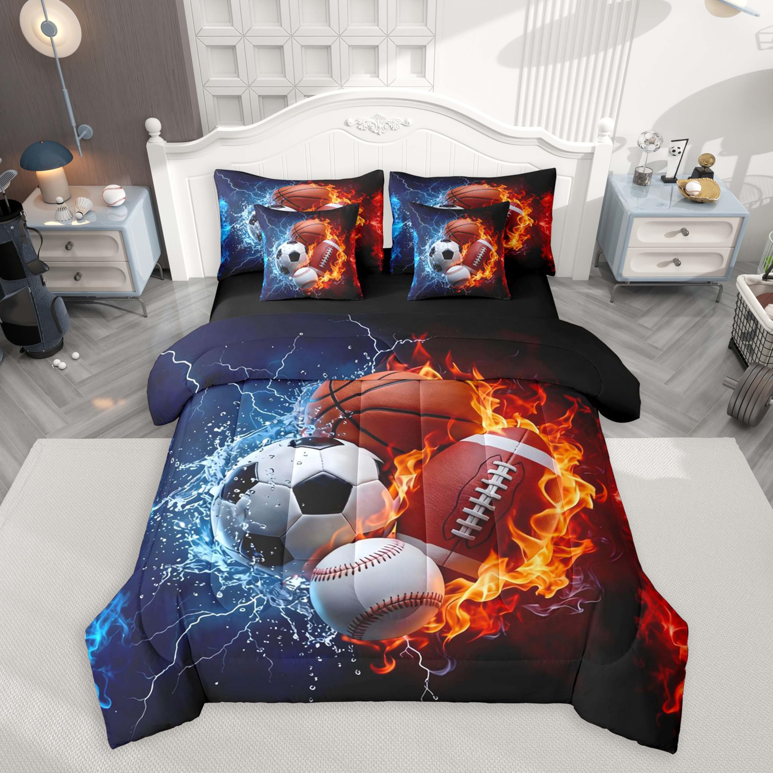 Feelyou Boys Sports Comforter Set with Sheets 7 Piece Full Size Football Baseball Soccer Bed in a Bag Kids Boys Girls Basketball Bedding Set Ball Game Sports Bedroom Decor Breathable Soft Microfiber