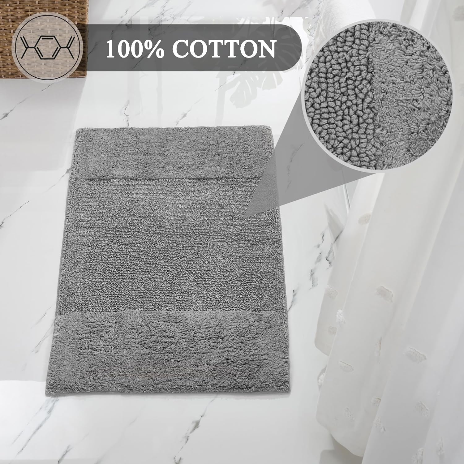 Better Trends 2 Piece Bathroom Rug Set 100% Cotton Non-Slip Washable Bath Mat, Soft & Absorbent Bath Rugs for Bath Room, Shower, Bathtub & Spa Floors Gray Granada Collection