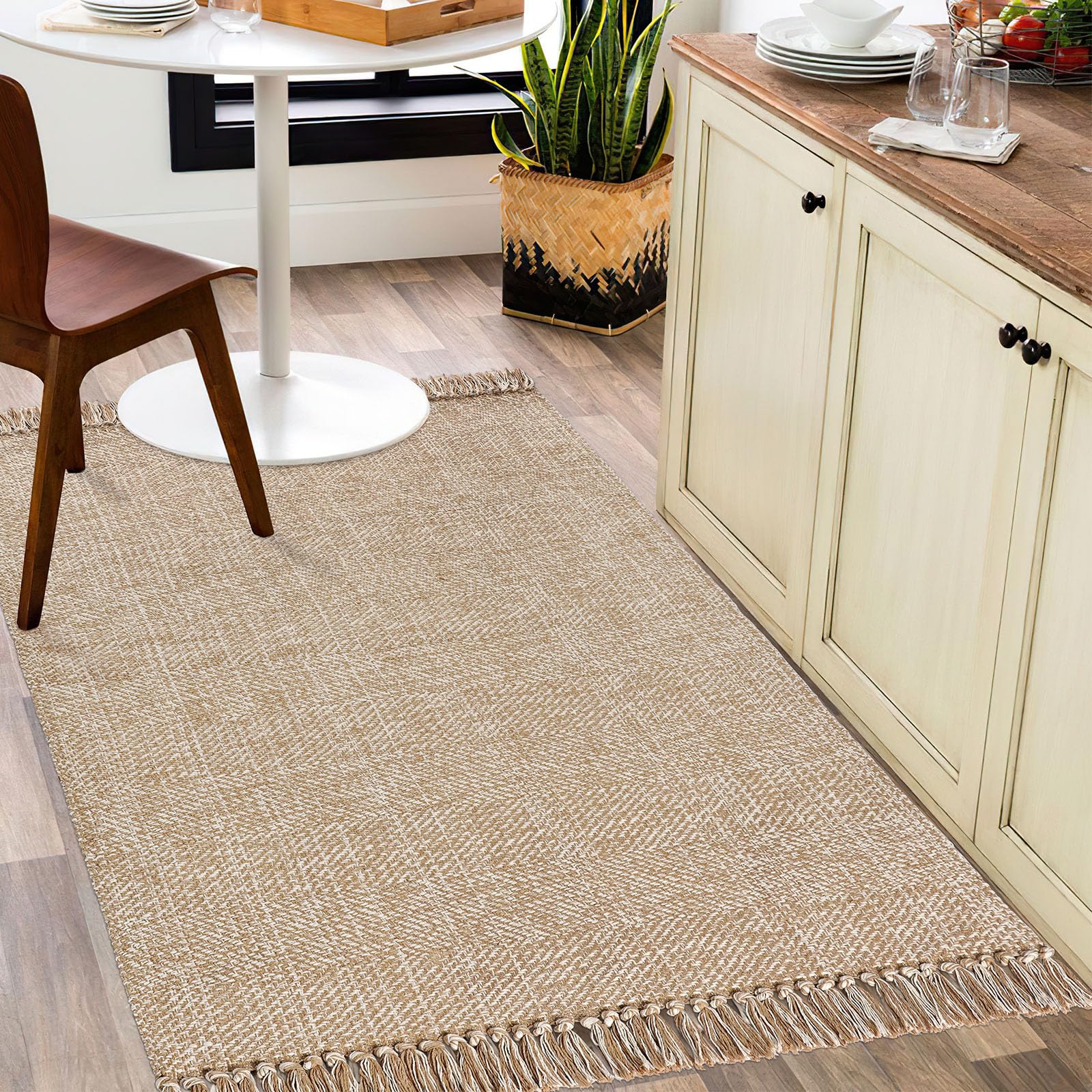 BUAGETUP Tapis bohème lavable en coton tissé à la main – Tapis rustique lavable pour chambre à coucher, salle de bain, évier, chambre à coucher – 91 x 152 cm – kaki