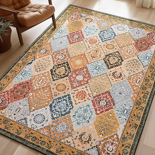 Phantoscope Washable Area Rug 9'x12' Non-Slip, Vintage Boho Rugs for Living Room, Bedroom, Dining Room, Distressed Moroccan Mosaic Diamond Pattern, Low-Pile Foldable Floor Carpet, Terracotta/Rust