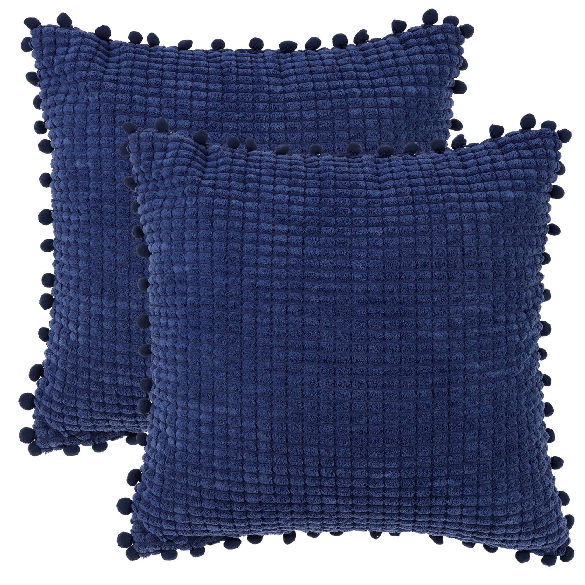 Uxcell Solid Neutral Square Throw Pillow Covers Set of 2, Boho Decorative Pillow Covers with Pom-poms for Living Room, Sofa Dark Blue 45 x 45 cm
