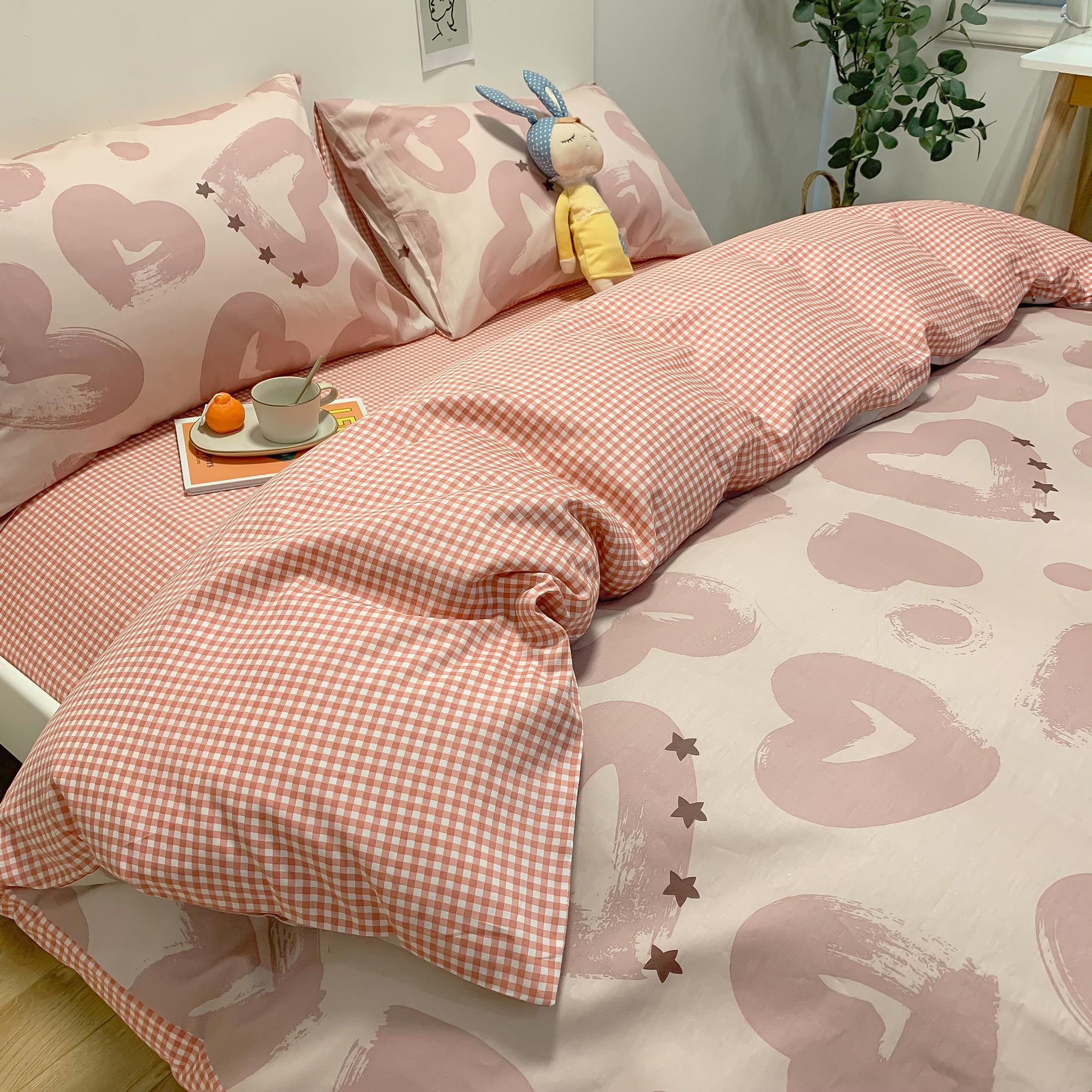 GETIYA Biancheria da letto da donna e ragazza, 135 x 200 cm, in cotone, motivo cuore, copripiumino singolo, romantico, rosa, reversibile, con chiusura lampo e 1 federa 80 x 80 cm
