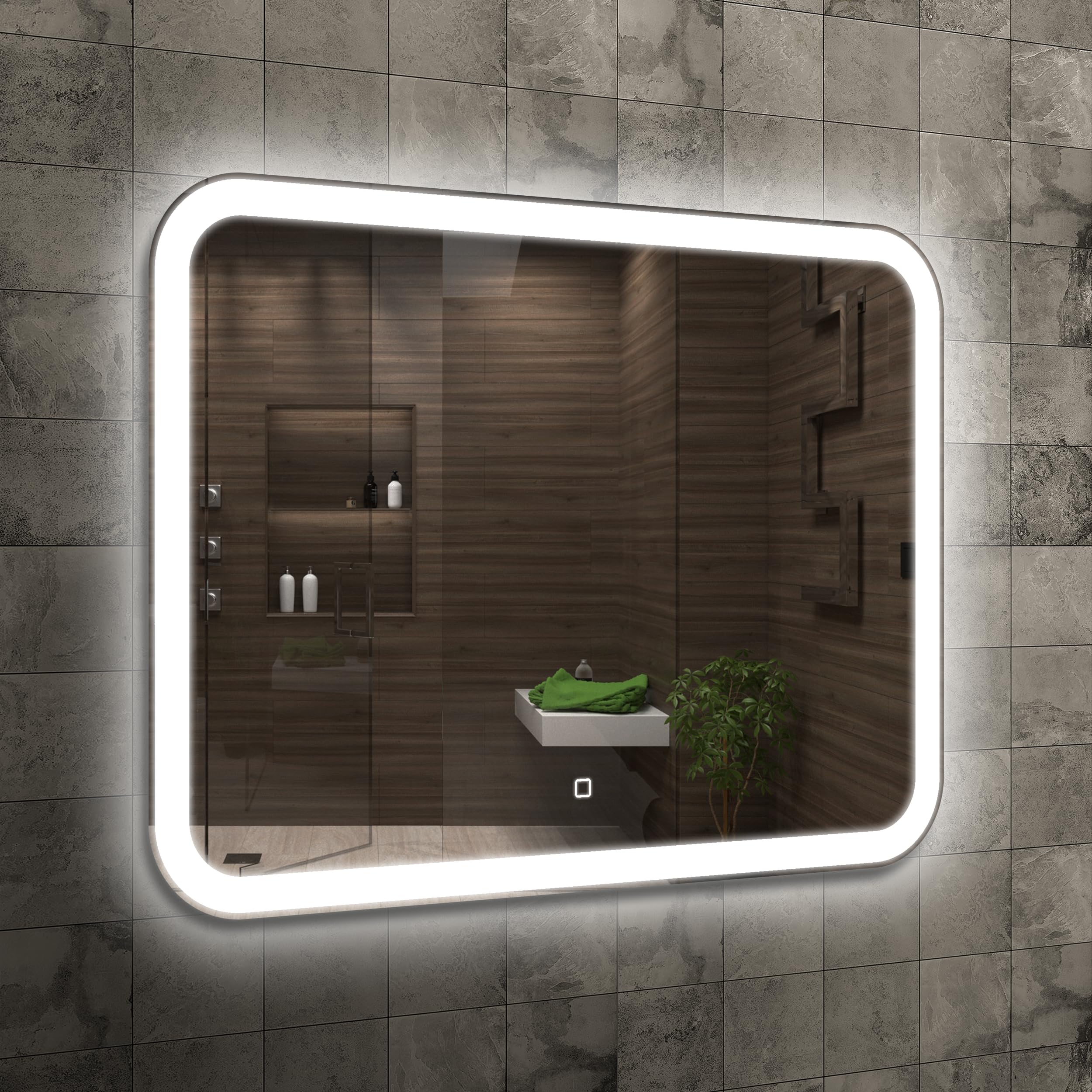 Home Glow Venti 80x60cm Espejo de Baño con Luces LED, Espejo de Baño Iluminado con Interruptor Táctil, Esquinas Redondeadas, Espejo de Baño Rectangular LED con Luz LED Frontal en Blanco Natural.