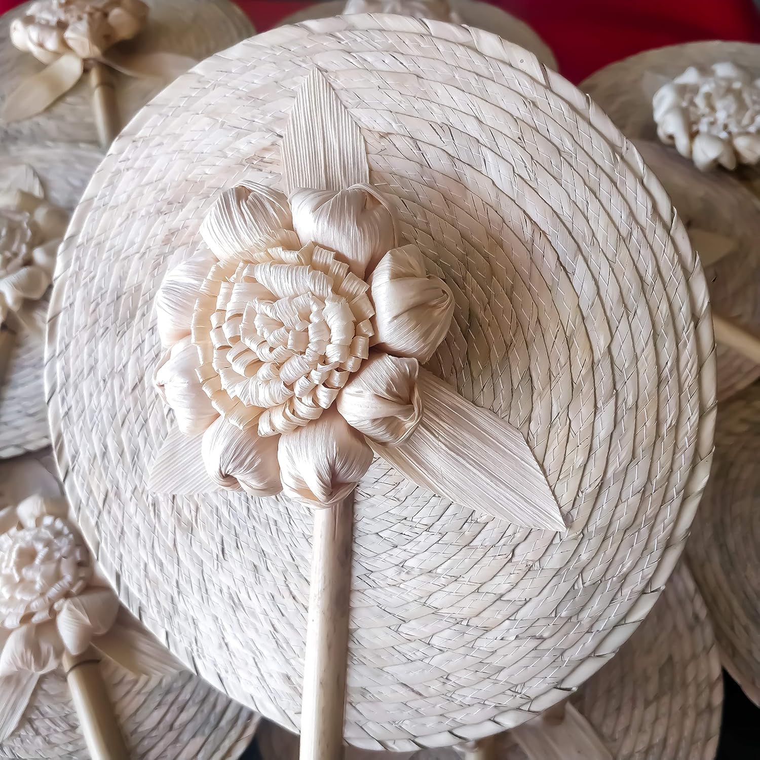 Jacq & Jürgen - 13″ Natural Color Palm Hand Fans 4 Pack - Wedding Hand Fans for Guests, Handmade Wicker Floral Fans with Large Flower - Boho Wedding Favors Bulk, Mexican Wedding Decorations