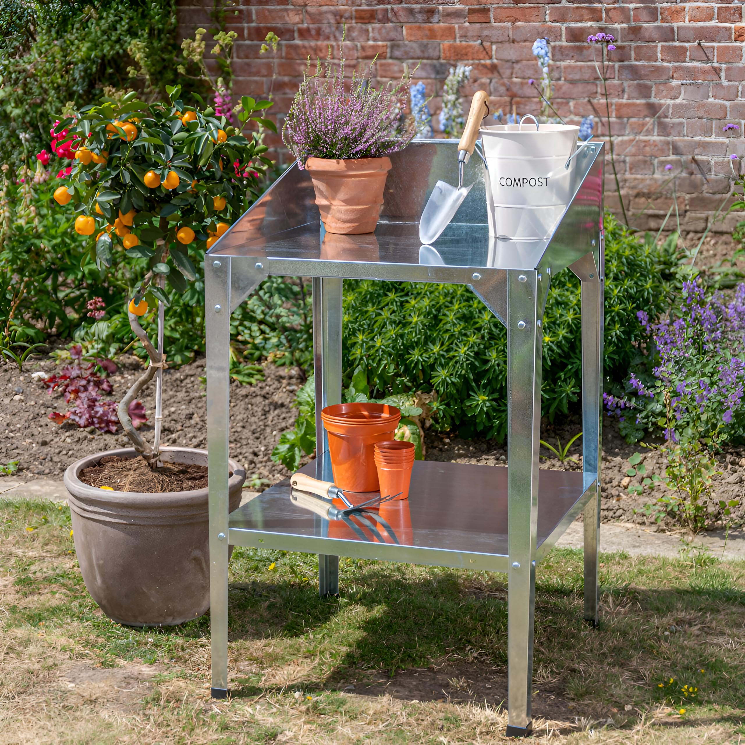 Lacewing Silver Traditional 2 Tier Greenhouse Workstation Germination Potting Table Tool Storage Shelves