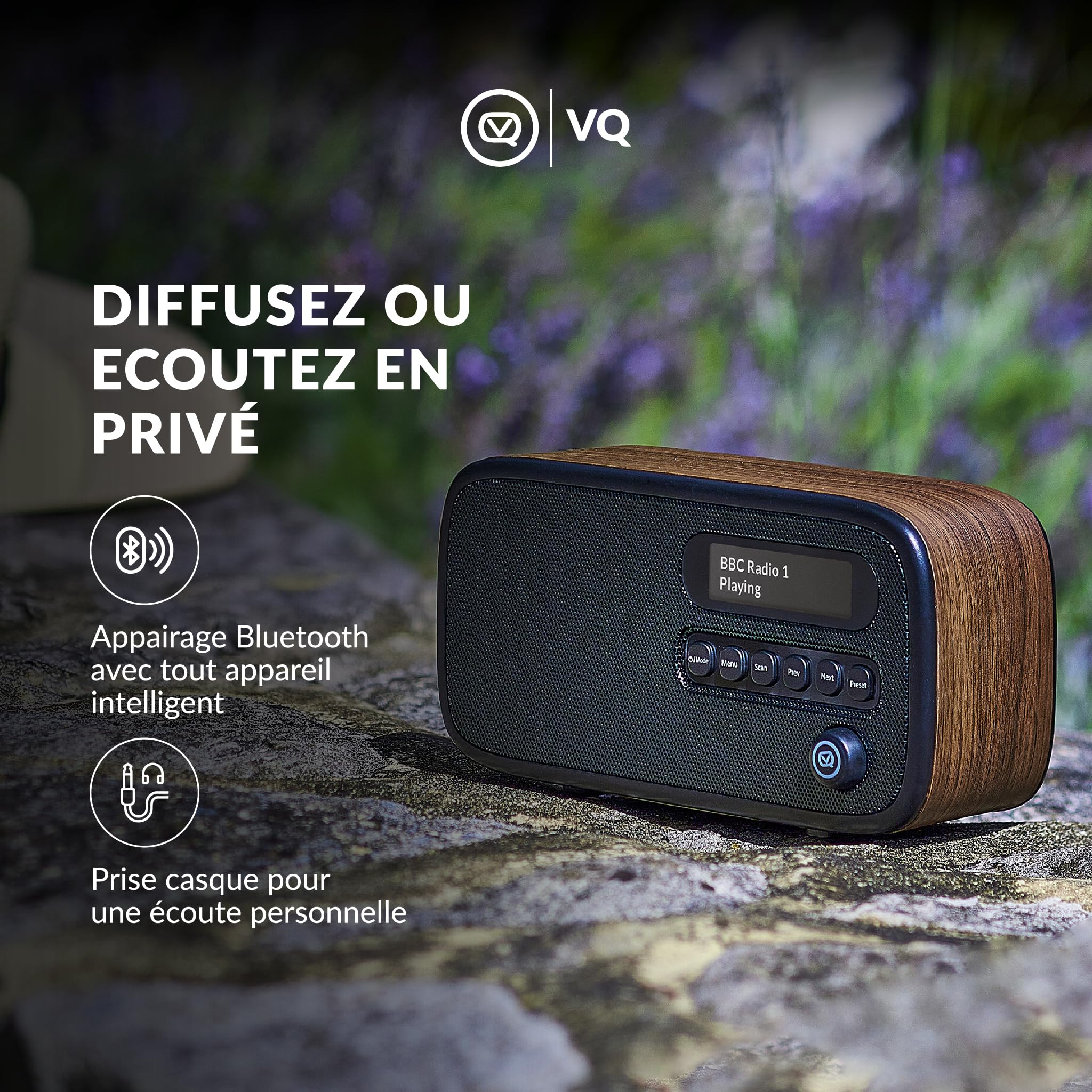 VQ Dexter Radio Dab Plus/Dab avec FM, Haut-parleurs Stéréo 3W et Écran LCD - Alimentée par Secteur et Batterie Radio Portable avec 60 Présélections, Antenne et Prise Casque - Noyer